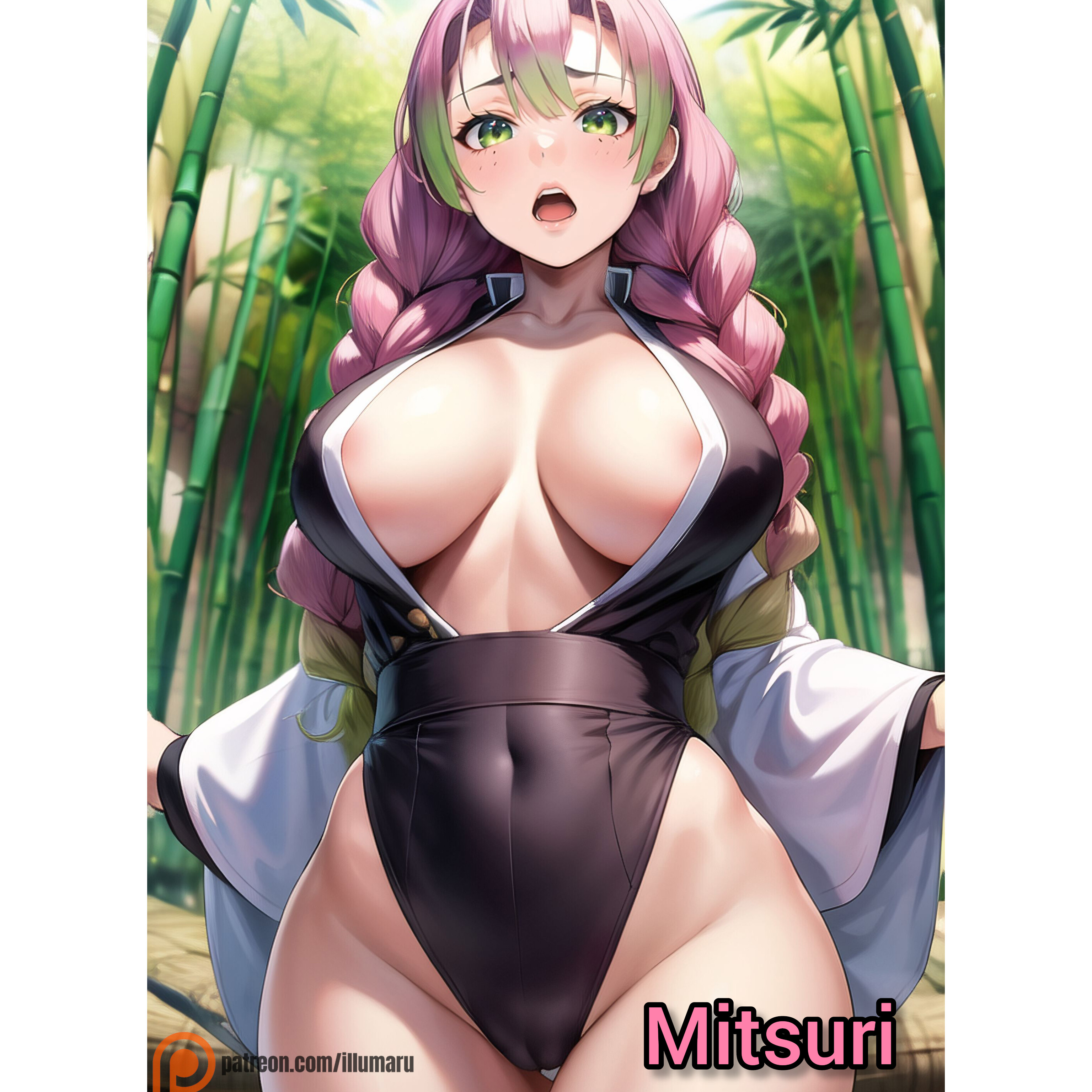 ai generated, bikini, breasts, demon slayer, female, green eyes, illumaru, kanroji mitsuri, kimetsu no yaiba, sex