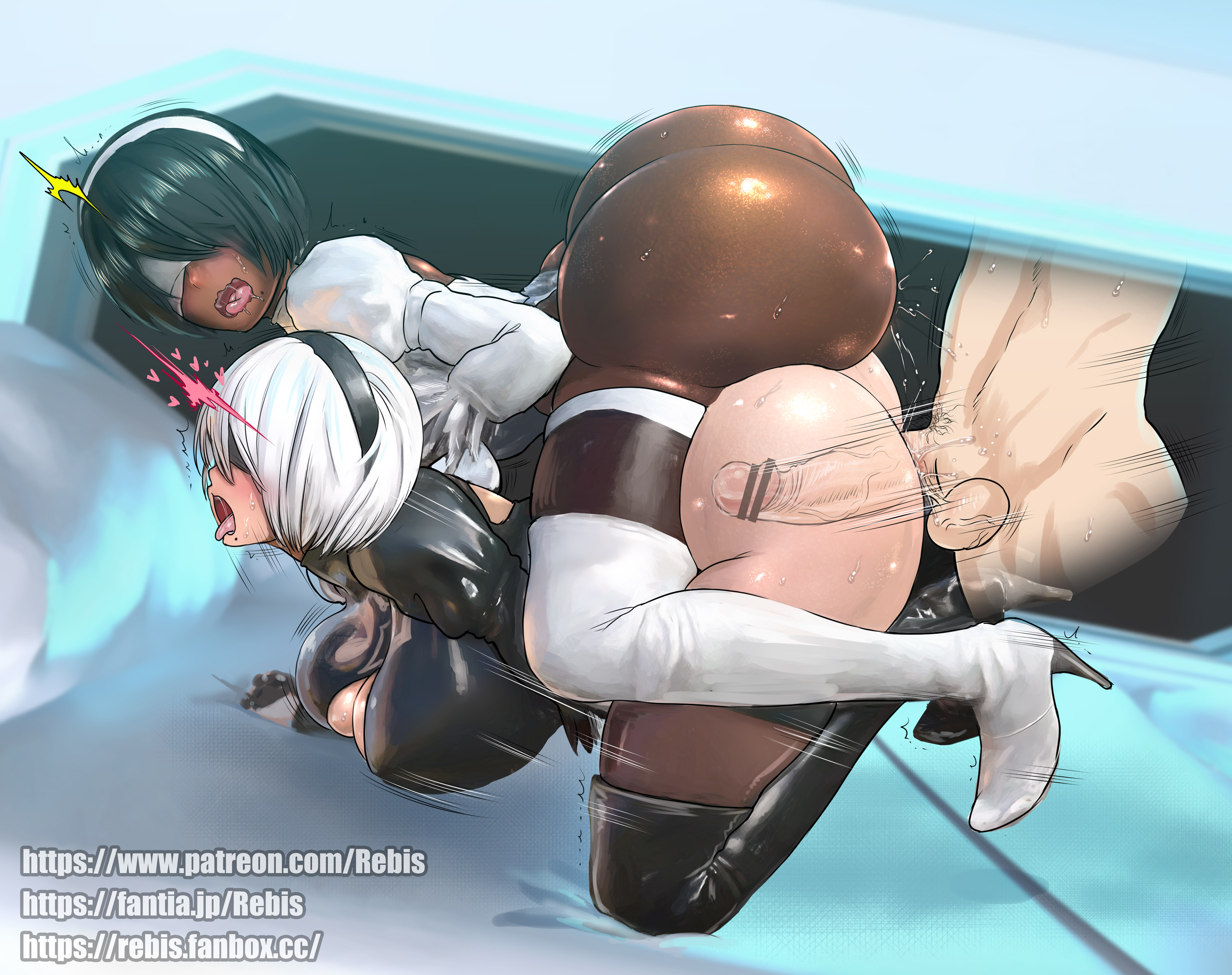 ass, big ass, breasts, bubble ass, bubble butt, dark-skinned female, female, huge ass, nier: automata, rebis, sex, thigh boots, thigh high boots, tongue, tongue out, yorha 2b, yorha 2p