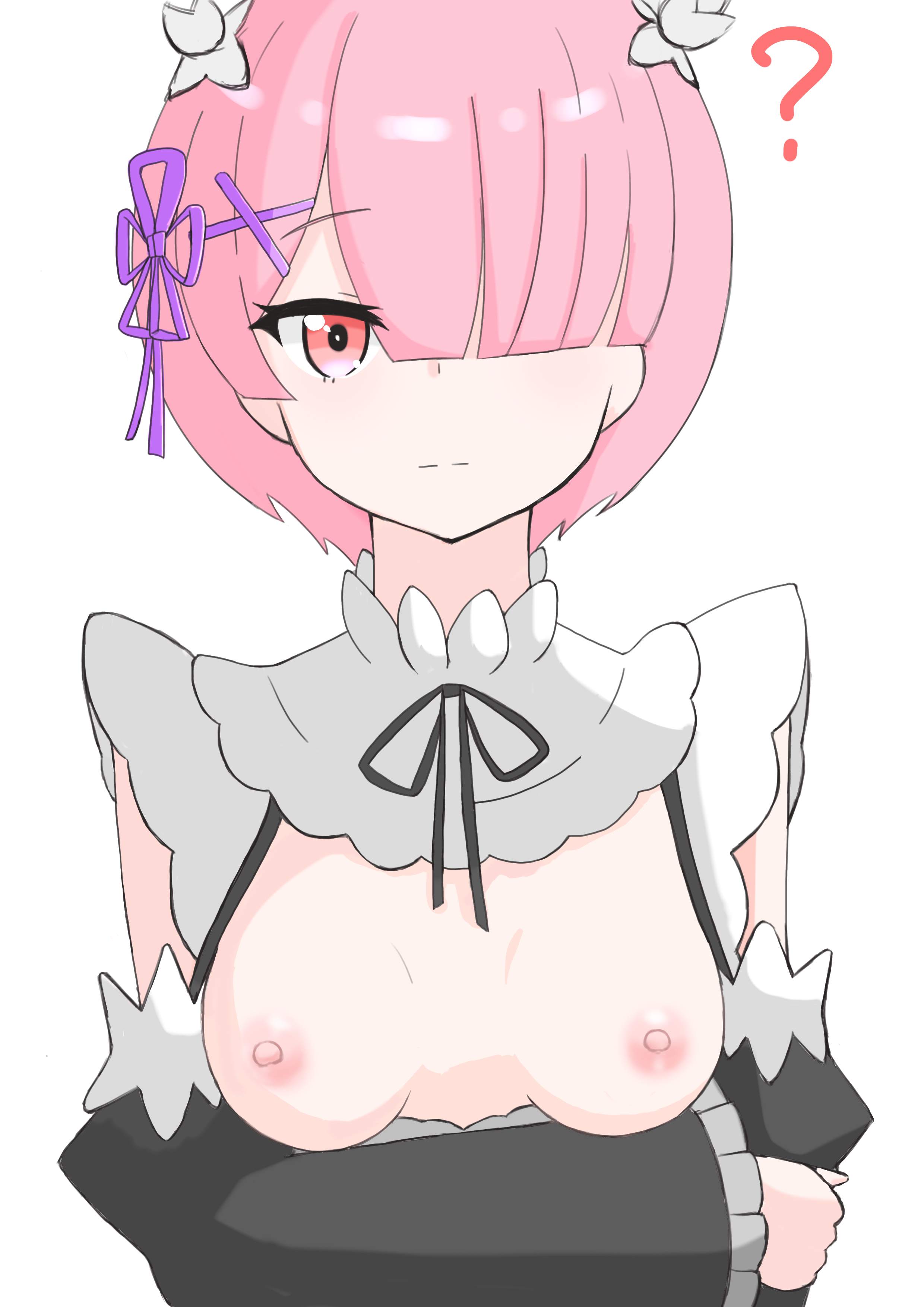 ?, 1girls, accidental exposure, bangs, breast slip, breasts, breasts out, clueless, detached sleeves, emotionless, female, female only, front view, hair ornament, hair over one eye, looking at viewer, maid, maid headdress, maid uniform, matching hair/eyes, neckwear, pink eyes, pink hair, ram (re:zero), re:zero kara hajimeru isekai seikatsu, short hair, simple background, small breasts, upper body, white background, x hair ornament