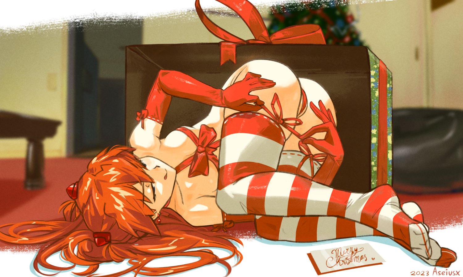 1girls, 2023, artist name, artist signature, aseiusx, ass, ass up, asuka langley sohryu, barely clothed, box, breasts, christmas, christmas outfit, christmas present, christmas tree, clothing, dated, elbow gloves, female, female only, gift, gift wrapped, gloves, hair ornament, laying down, laying on ground, laying on side, legwear, light skin, light-skinned female, long gloves, long hair, naughty face, neon genesis evangelion, orange hair, presenting, red elbow gloves, red gloves, red hair, red socks, ribbon, small breasts, smile, socks, solo, solo female, striped socks, striped thighhighs, thigh socks, thighhighs, thighs, tongue, tongue out, white socks, wrapped