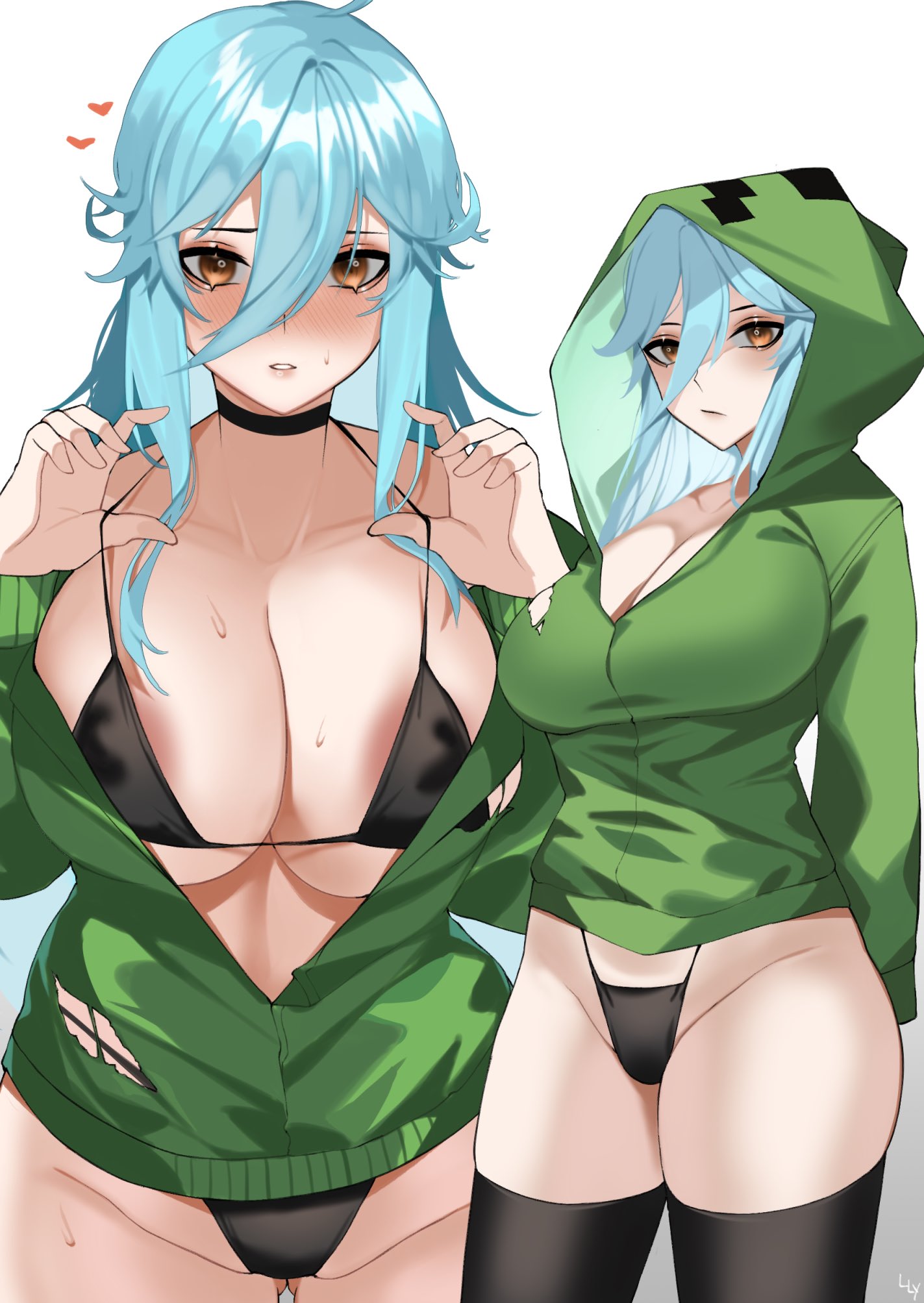 big_areola big_breasts bikini blue_hair blush creeper-chan creeper_(minecraft) creeper_girl cupa digital_media_(artwork) green_hoodie heart highres hoodie huge_breasts mob_talker nipples_visible_through_clothing ripped_clothing stockings tall thighhighs thong visible_nipples wide_hips