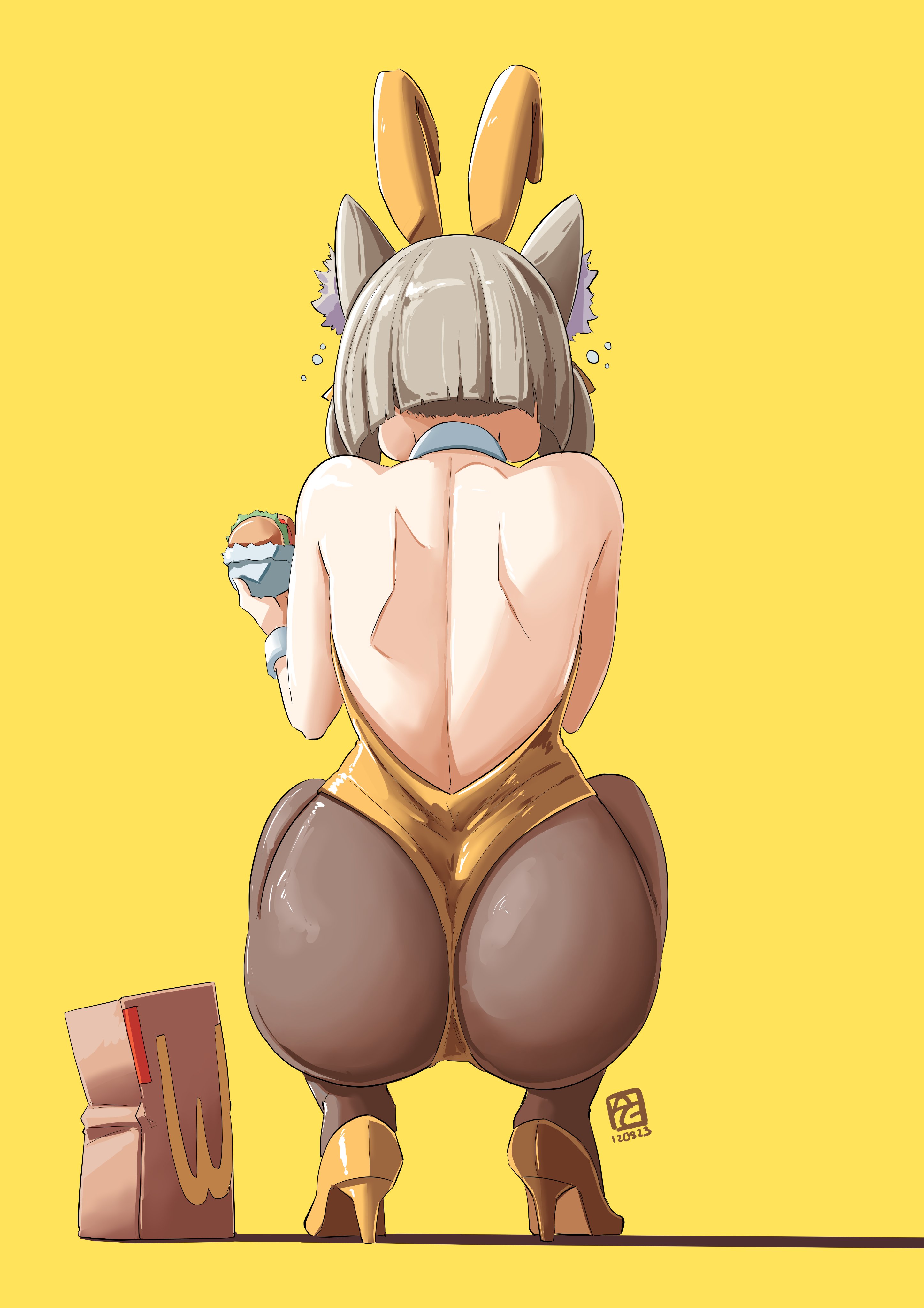 1girls, ass, ass crack, ass focus, ass up, automatic giraffe, big ass, bunny ears, bunnysuit, butt crack, cat ears, cat girl, catgirl, eating, fat ass, female, female only, heel boots, heeled boots, heels, high heels, large ass, looking away, mcdonald's, monolith soft, nia, nia (xenoblade), nintendo, simple background, solo, solo female, solo focus, thigh gap, thighs, xenoblade (series), xenoblade chronicles 2, yellow background