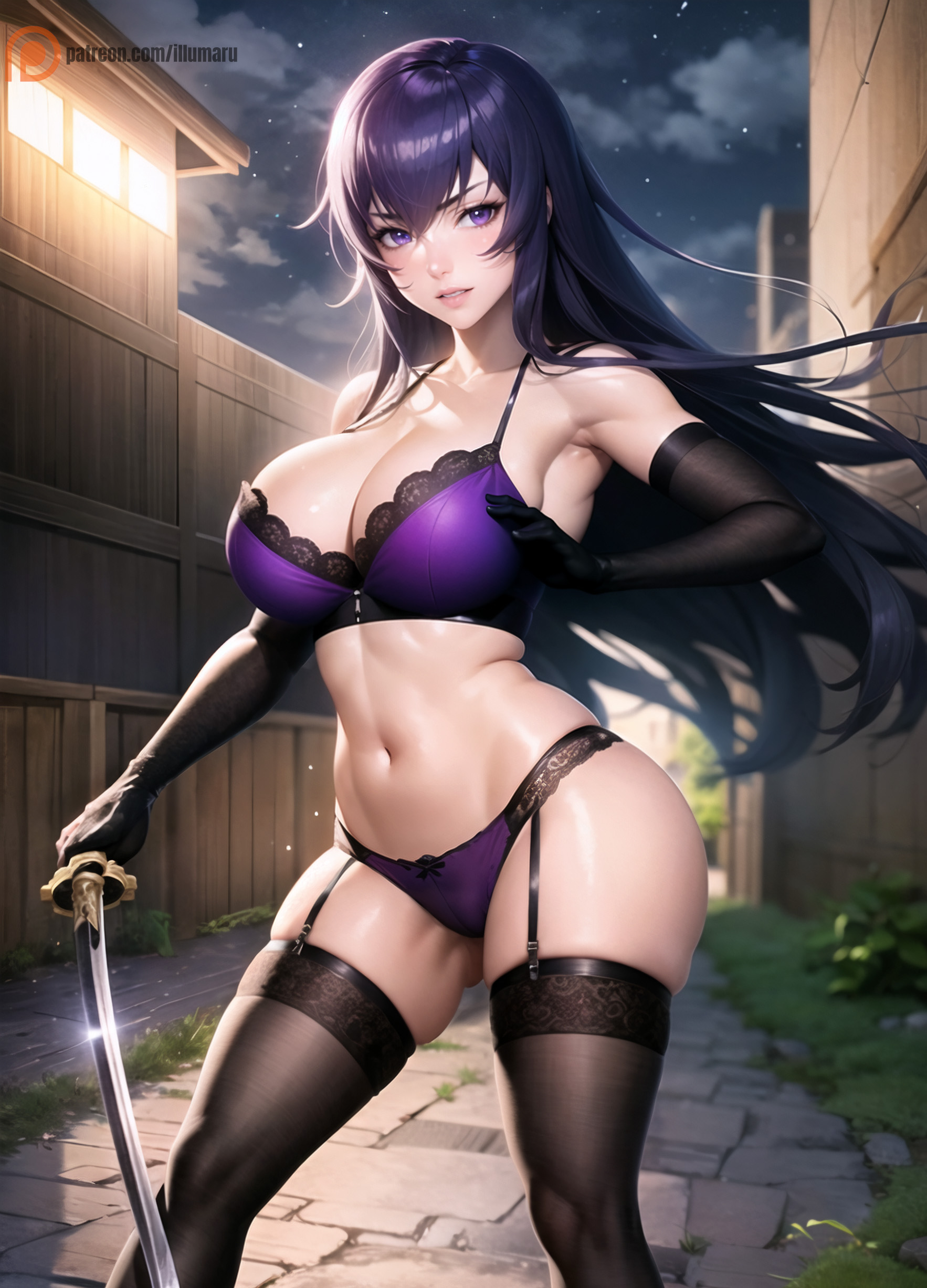 1girls, 2023, ai generated, bangs, bare arms, bare shoulders, bare skin, big breasts, black gloves, blue eyes, bra, breasts, busty, cleavage, clothed, clothed female, clothing, detailed, female, female focus, female only, fit, fit female, garter belt, garter straps, gloves, hi res, high resolution, highschool of the dead, holding katana, holding sword, holding weapon, illumaru, katana, large breasts, light skin, light-skinned female, lingerie, long hair, looking at viewer, navel, panties, parted lips, purple bra, purple clothes, purple clothing, purple hair, purple lingerie, purple panties, purple underwear, saeko busujima, solo, solo female, solo focus, stable diffusion, stockings, stomach, sword, thick thighs, thighs, toned, toned body, underwear