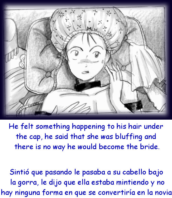 1boy 2girls black_and_white comic english_text female feminization gel groom long_hair machine milda7 naked short_hair shower_cap spanish_text suit text tied translated