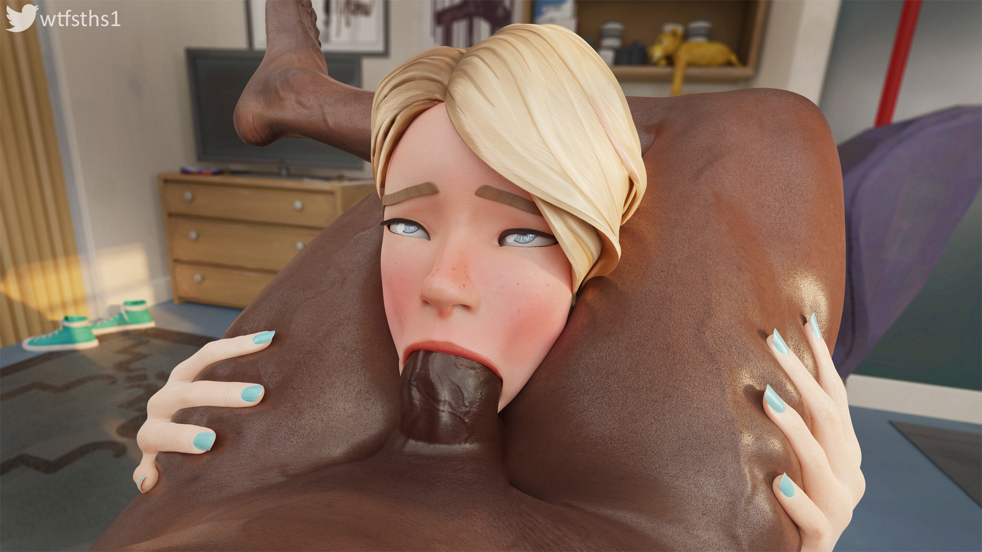 1boy, 1girls, 3d, 3d (artwork), big penis, black body, black penis, blender, blonde hair, blowjob, blowjob face, blue eyes, blue nails, dark skin, dark-skinned male, eyes rolling back, face fucking, fellatio, female, gwen stacy, gwen stacy (spider-verse), huge cock, interracial, leg lock fellatio, leglock, male, marvel, marvel comics, nail polish, partial male, penis, spider-gwen, spider-man (series), teenager, wtfsths
