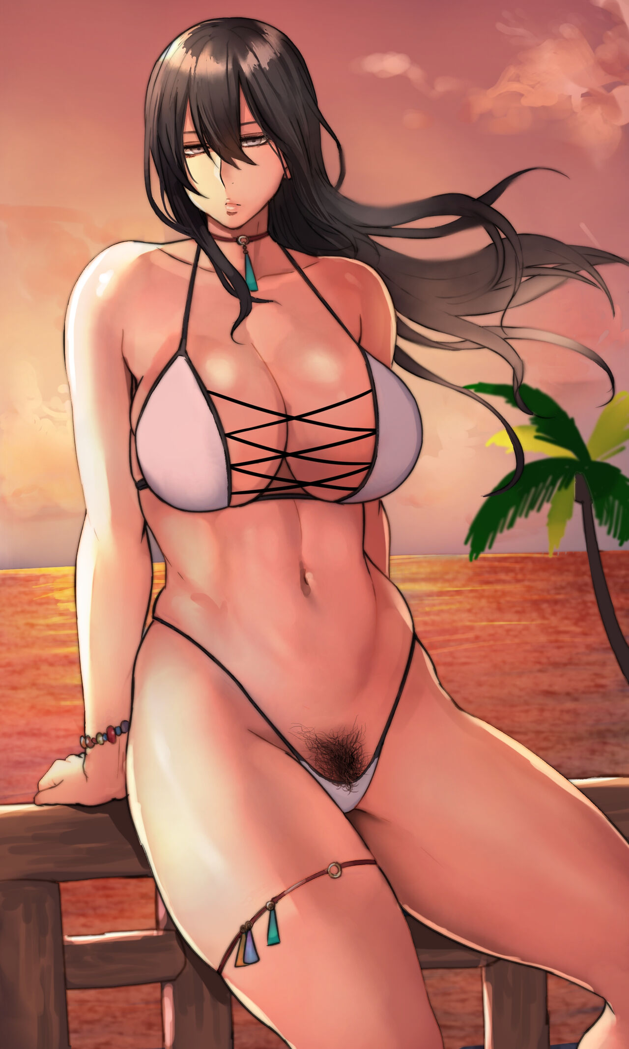 10s 1girls 2018 absurd_res beach bikini black_hair bracelet breasts choker cleavage cloud expressionless expressionless_wife_(pepe_(jonasan)) female female_only fence floating_hair grey_eyes hair_between_eyes highleg highleg_bikini highres jewelry large_breasts long_hair looking_at_viewer mature_female micro_bikini navel ocean original outdoors palm_tree pepe_(jonasan) pubic_hair pubic_hair_peek sitting sitting_on_fence sky solo sunset swimsuit thick_thighs thigh_strap thighs thong thong_bikini tree white_bikini wooden_fence