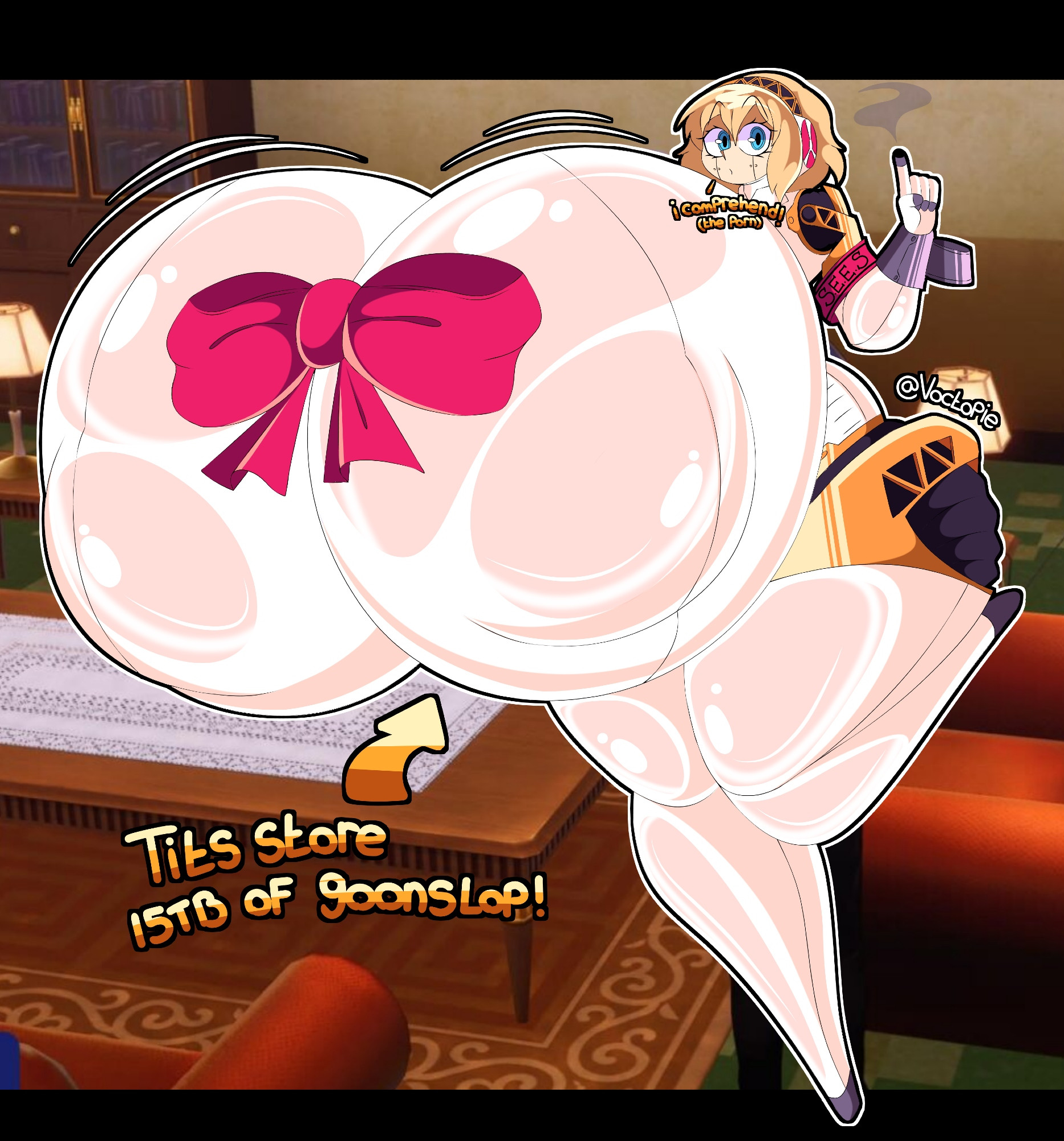 1girls, aigis (persona), blonde hair, bow, bowtie, dialogue, gigantic breasts, huge ass, huge thighs, hyper, hyper breasts, massive breasts, megami tensei, persona, persona 3, robot, robot girl, robot humanoid, solo, voctopie