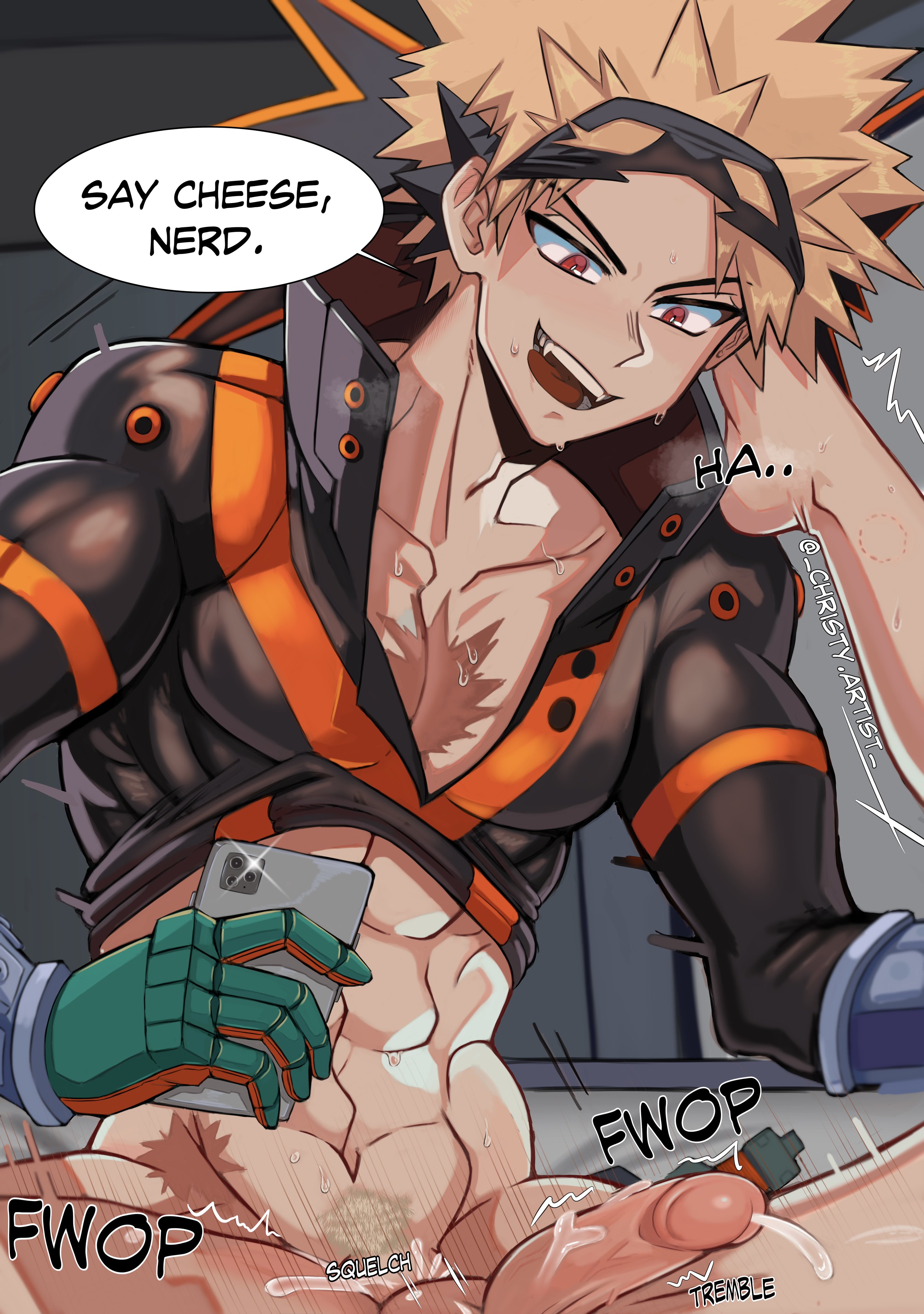 abs, anal, anal sex, blonde hair, christyartist, clothes pull, cum, cum inside, cumming from anal sex, cumming while penetrated, english, english text, gay, izuku midoriya, katsuki bakugou, male, mobile phone, movement, movement lines, muscles, muscular, muscular male, my hero academia, recording, recording on phone, recording video, red eyes, text bubble, tremble spikes, trembling, video camera, yaoi