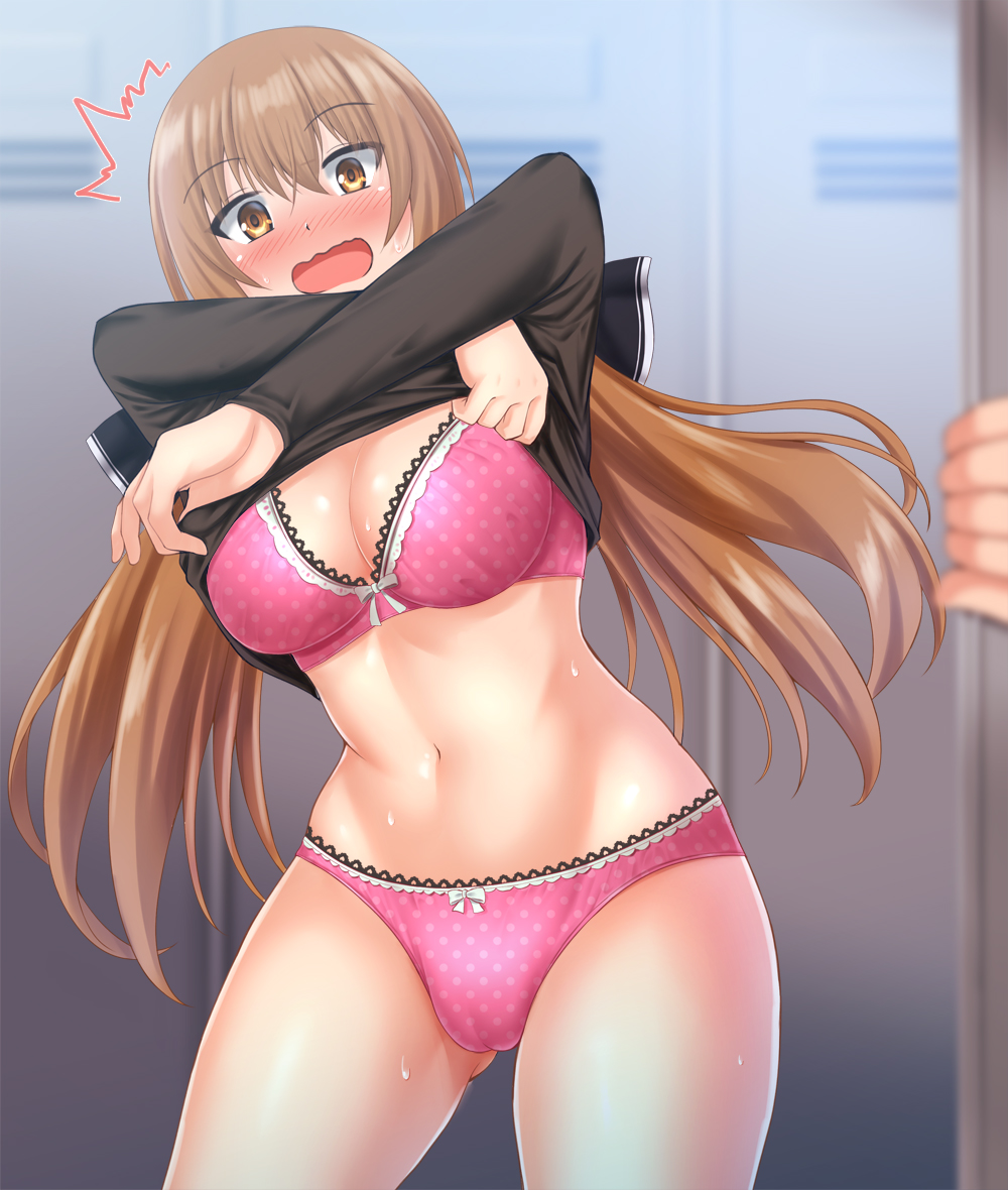 black_and_pink_bra black_and_pink_panties blush bow bow_bra bow_panties bra brown_hair cameltoe embarrassed kantai_collection lingerie long_hair navel no_pants panties picot_trim picot_trim_bra picot_trim_panties pink_bra pink_panties polka_dot polka_dot_bra polka_dot_panties print_bra print_panties shirt shirt_lift shirt_up surprised sweat tagme tashkent_(kantai_collection) undressing yellow_eyes zanntetu