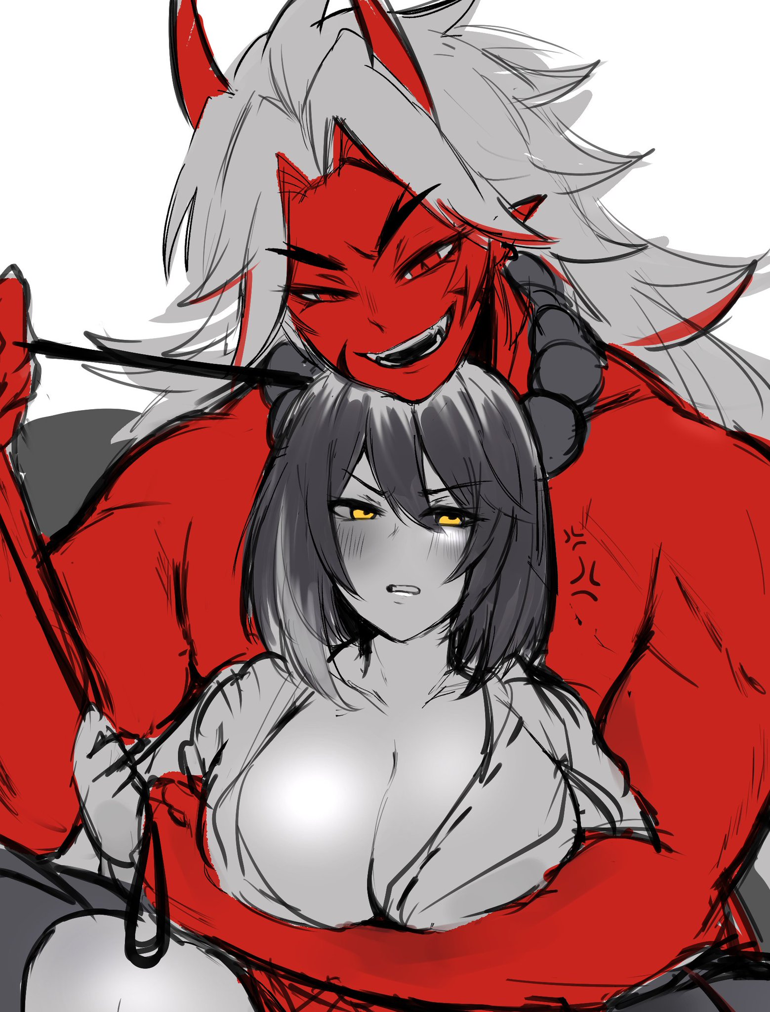 1boy, 1girls, arataki itto, big breasts, breasts, character collapse, cleavage, demon, demon boy, fangs, female, genshin impact, horns, hug, hugging from behind, kujou sara, kurenaiz1, larger male, leash, leash pull, male, no bra, oni, open shirt, red eyes, red skin, restricted palette, smile, upper body, yellow eyes