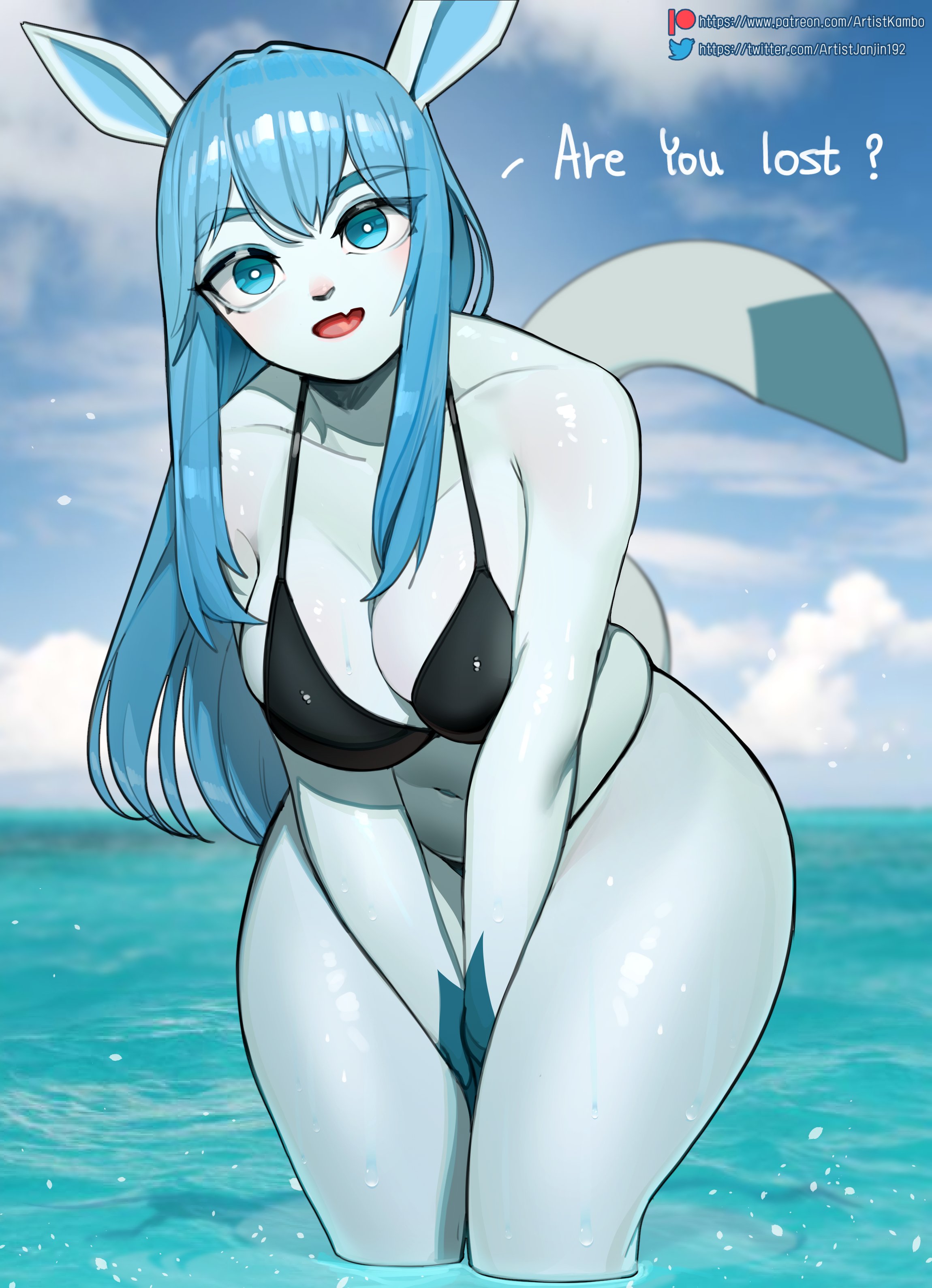 1girls, 2023, 2d, 2d (artwork), 2d artwork, beach, big breasts, blue eyes, breasts, eeveelution, female, game freak, generation 4 pokemon, glaceon, janjin192, kambo, nintendo, pokémon (species), pokemon, pokemon (species), solo, thick thighs, wide hips