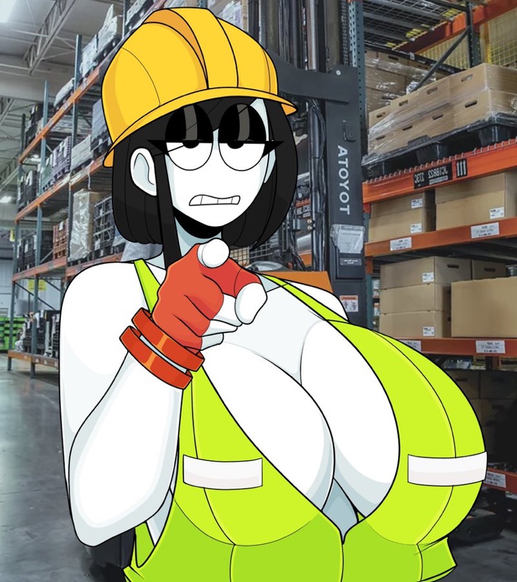 1girls 2023 big_breasts black_hair breasts construction_worker female forklift goth hard_hat huge_breasts large_breasts original original_character pointing_at_viewer pov pov_eye_contact saltynoodles solo tagme veronica_(saltynoodles) voluptuous voluptuous_female white_body white_skin yellow_headwear