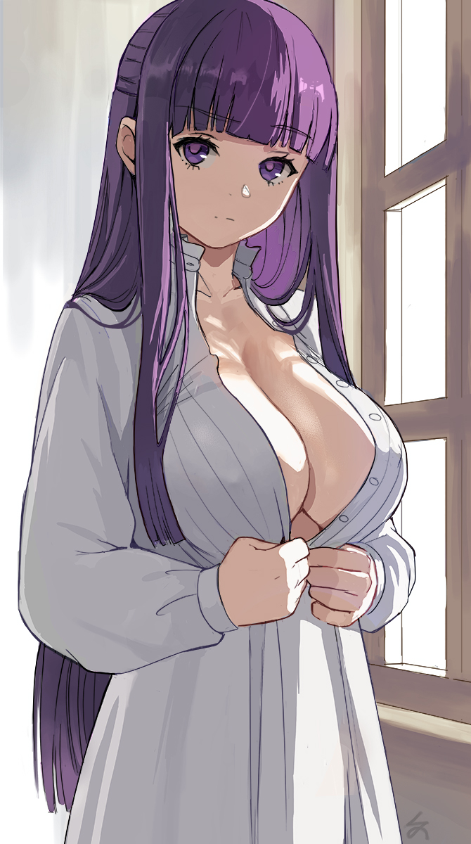 blunt_bangs breasts buttons cleavage cut_bangs dress female fern_(sousou_no_frieren) highres indoors large_breasts long_hair looking_at_viewer purple_eyes purple_pupils solo sousou_no_frieren straight_hair undressing window zefra_bleu