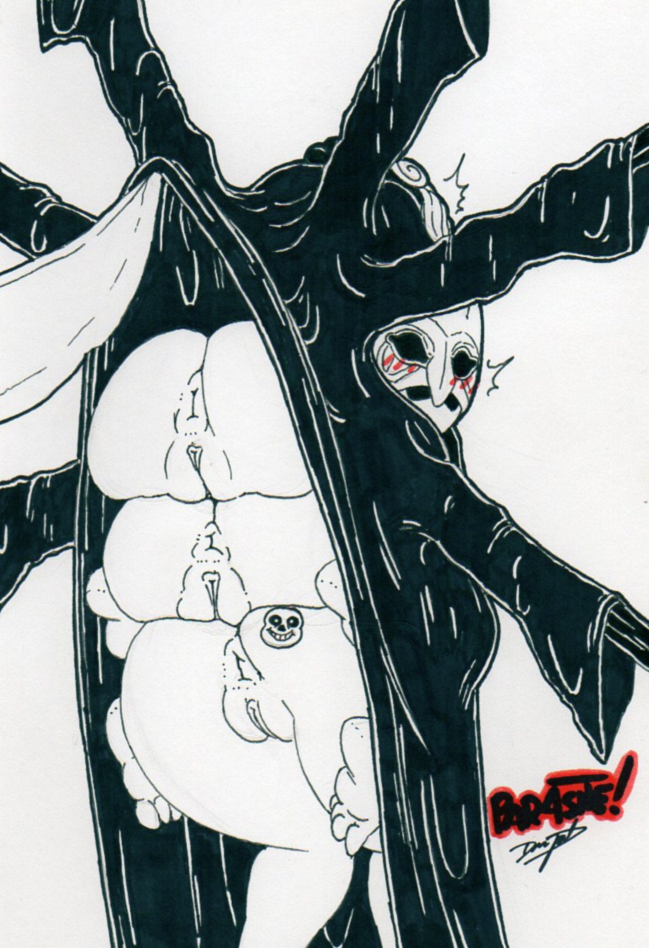 2019, 3girls, 6 arms, anus, ass, ass focus, ass stack, black robe, blush, blushing, dark souls, feet, female, fromsoftware, hi res, highres, looking back, mask, mask of the mother, monochrome, multi arm, multi limb, nightmare waifu, offscreen character, parasitedeath, pinwheel (dark souls), pussy, robe, sans, stacked, surprised, sword, undertale, video games, white background