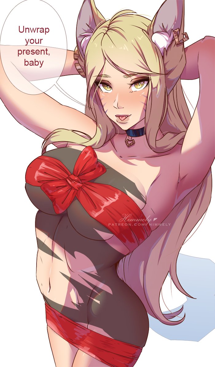 abs ahri big_breasts blonde_hair breasts censored choker christmas christmas_wrapped ear female female_focus female_only fox_ears himmely k/da_ahri k/da_series league_of_legends long_hair looking_at_viewer present_wrap solo solo_female solo_focus stomach very_long_hair wrapped yellow_eyes