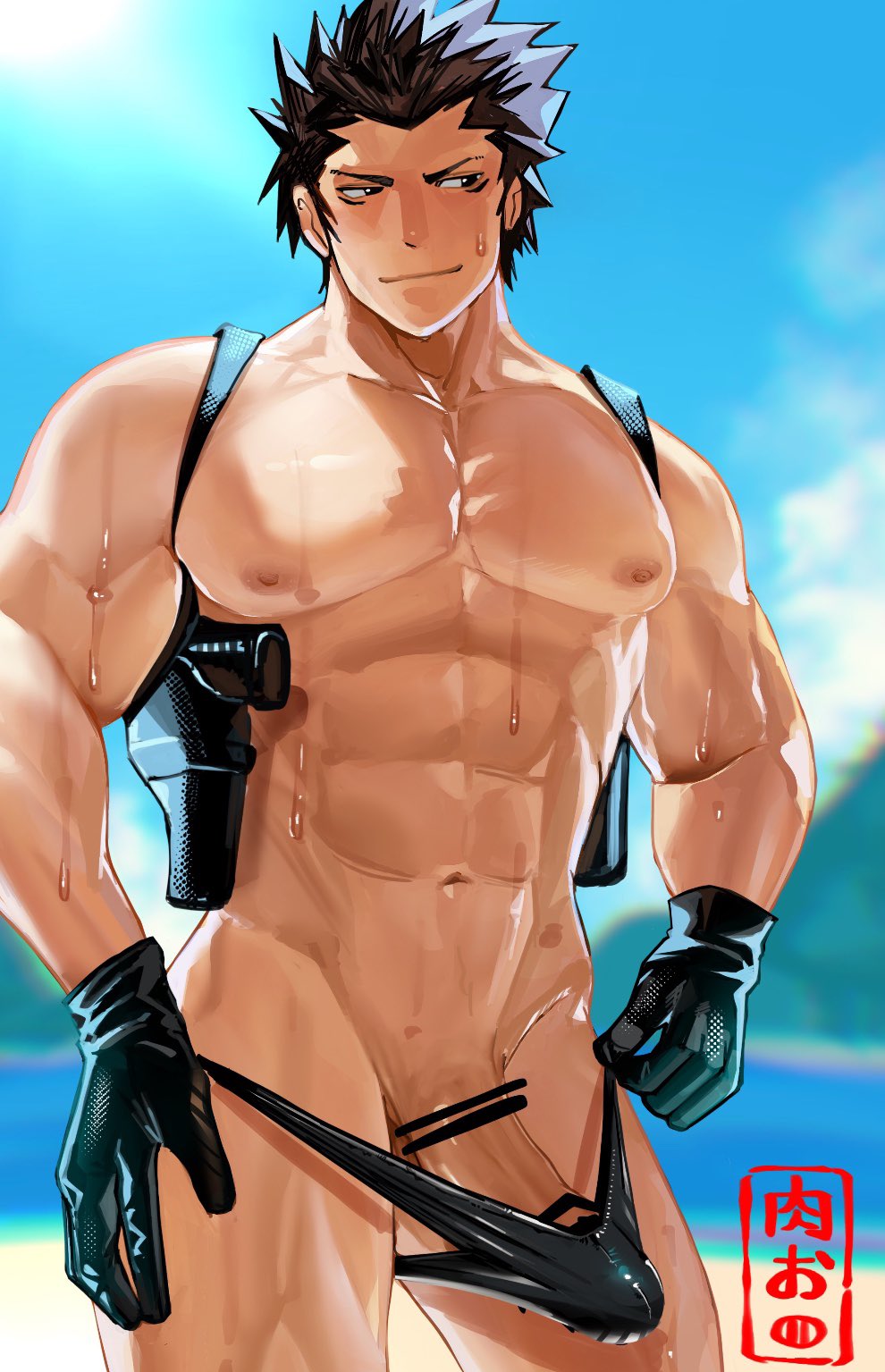 assassination_classroom bar_censor bara beach black_hair blurry_background blush censored cock gloves hard_on huge_breasts huge_pecs karasuma_tadaomi looking_back male male_only older_male smirk solo_focus solo_male sweat teacher wet wet_skin