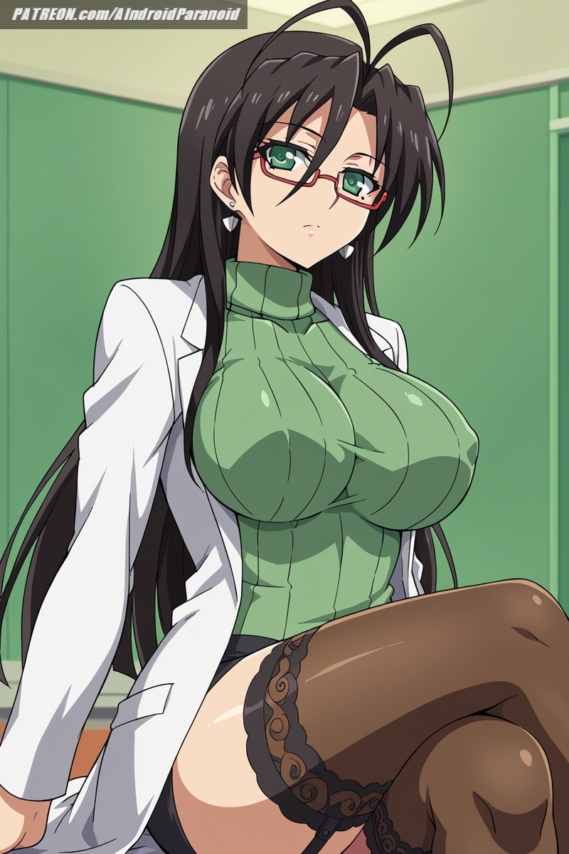 ai_generated aindroidparanoid ass big_breasts brown_hair busty curvy fat_ass female female_only garter_straps glasses green_eyes hasegawa_chisato huge_breasts indoor lab_coat large_breasts long_hair massive_breasts narrowed_eyes nipples school shinmai_maou_no_testament skirt slim_waist stable_diffusion straight_hair sweater teacher tight_clothing voluptuous