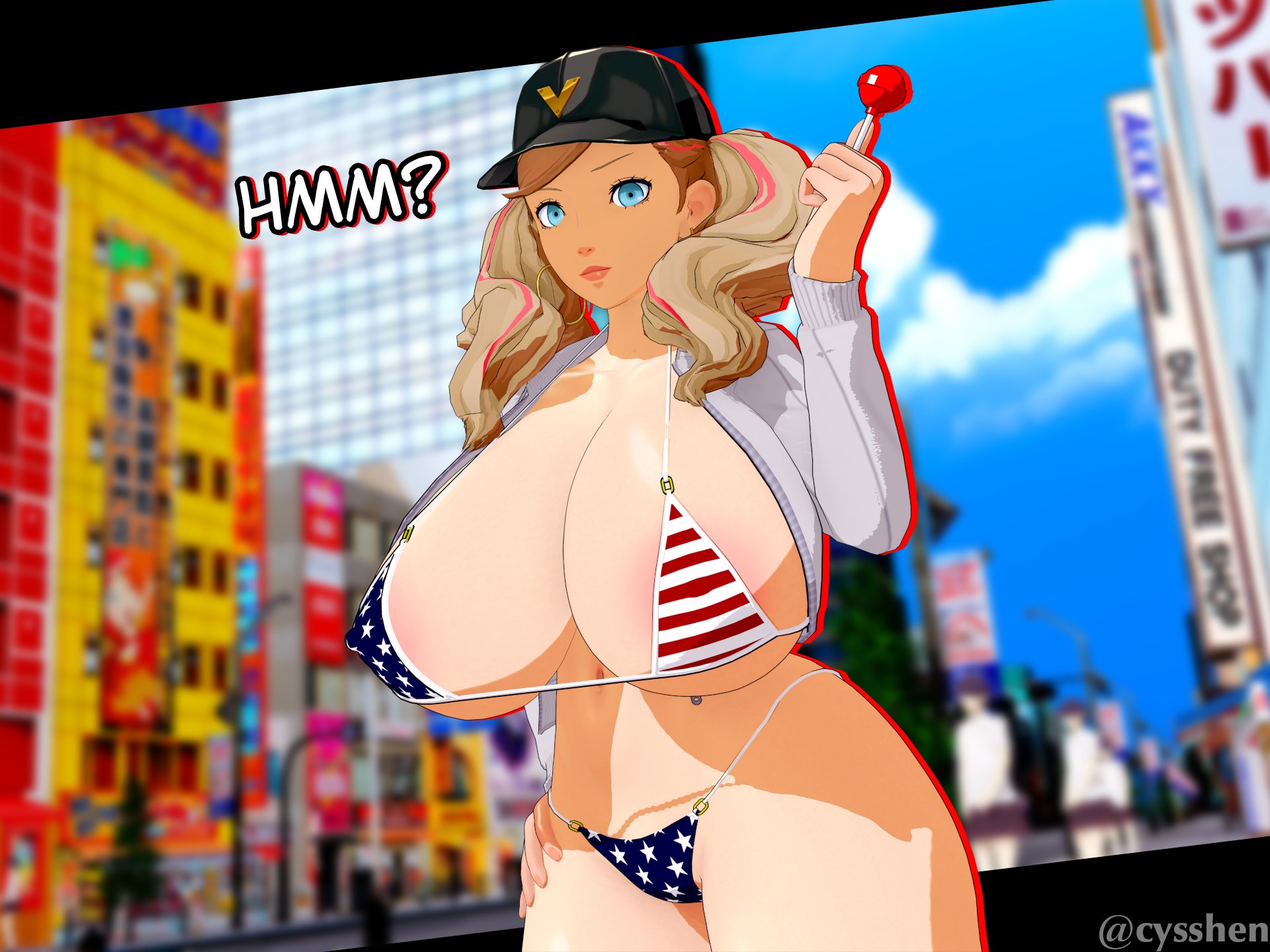 1girls, 3d, american flag bikini, ann takamaki, atlus, bikini, blonde hair, breasts, cyshen, female, huge breasts, large breasts, persona, persona 5, public