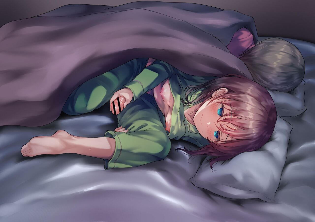 1futa, 1girls, areolae, ayanakitori, bar censor, bed, big penis, blanket, blush, breasts, brown hair, censored, clothed, clothing, duo, erection, female, futa focus, futanari, handjob, human, intersex, light skin, light-skinned futa, masturbation, mostly clothed, nipples, pajamas, penis, sleeping, solo focus, stealth masturbation, under covers