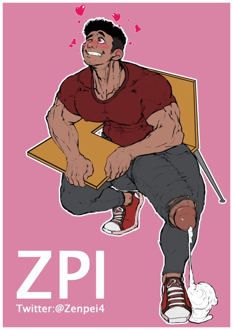 bara big_pecs boner cum dark_skin desk erection erection_under_clothes huge_cock male_only pink_background solo solo_male zenpei zenpei4