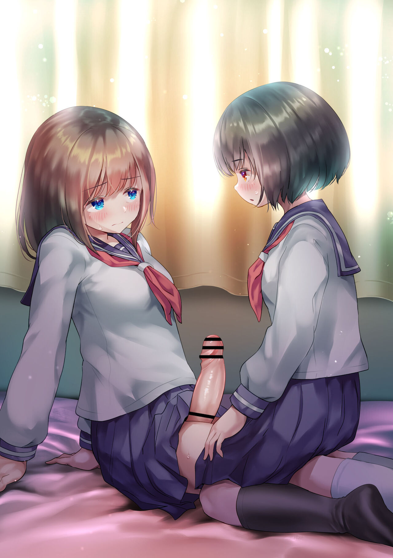 1futa, 1girls, ayanakitori, bar censor, black hair, blush, breasts, brown hair, censored, clothed, clothing, duo, erection, female, fully clothed, futanari, human, intersex, light skin, light-skinned female, light-skinned futa, mostly clothed, penis, school uniform, schoolgirl, sitting, skirt, socks