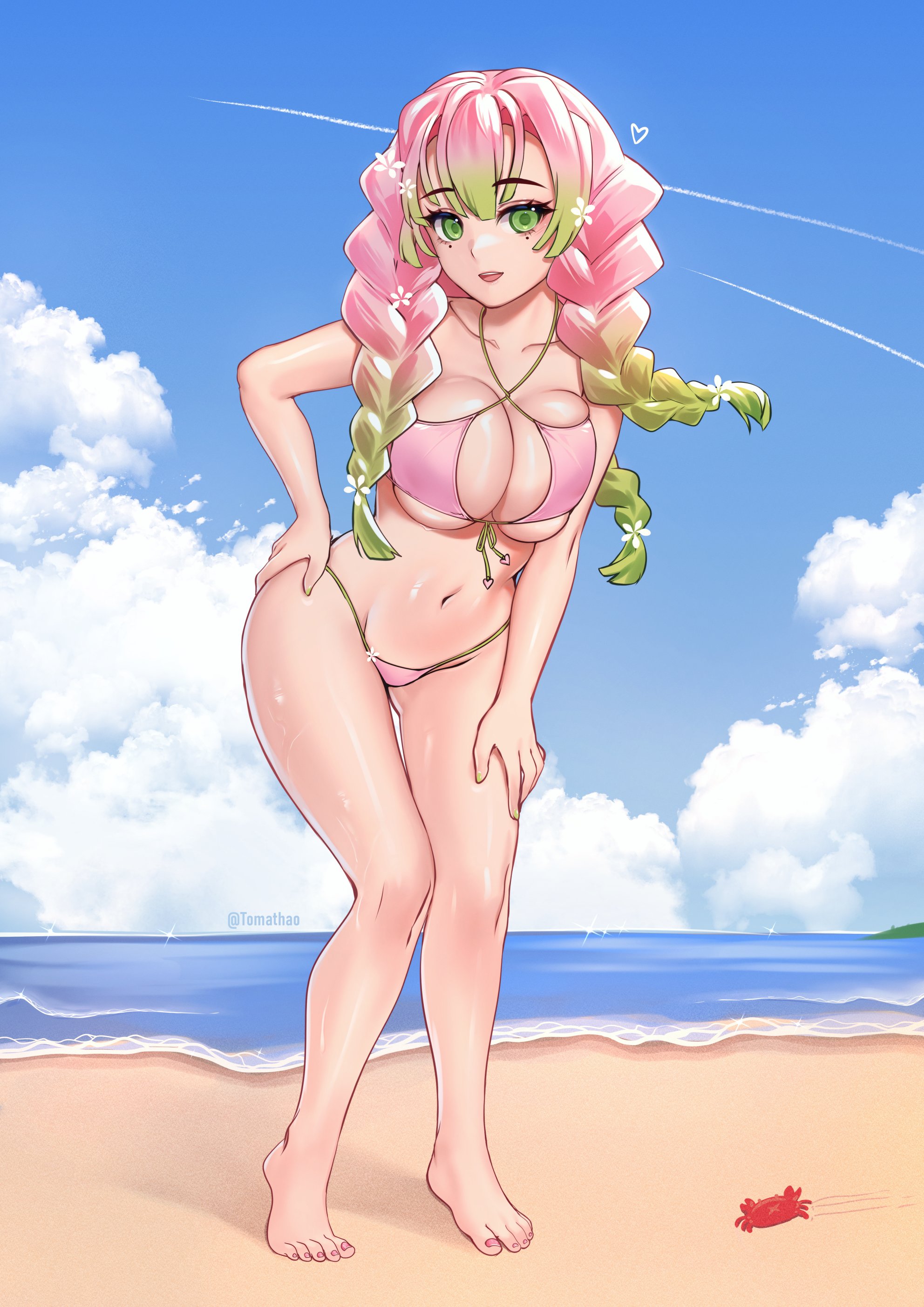 1girls, bangs, barefoot, beach, bent over, big breasts, bikini, braided hair, breast squish, breasts, cleavage, demon slayer, detailed background, female, female only, flower in hair, full body, green eyes, hand on hip, kanroji mitsuri, kimetsu no yaiba, knees together feet apart, leaning forward, long hair, looking at viewer, mole under eye, outside, pink bikini, pink hair, pink-haired female, shiny skin, solo, standing, swimsuit, thigh gap, tomathao, two-tone hair, underboob, wet skin, wide hips