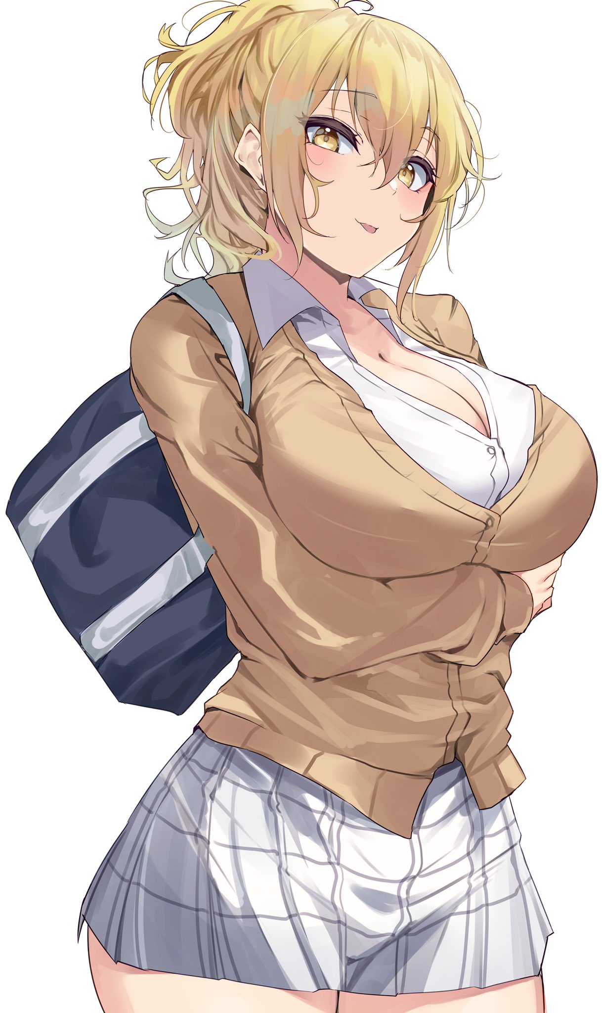 1girls, amber eyes, big breasts, big hips, blonde hair, breasts, busty, female, female only, fully clothed, hips, intermammary cleft, large breasts, lifting breasts, looking at viewer, love live!, love live! nijigasaki high school idol club, miyashita ai, ponytail, school uniform, short skirt, skirt, sticking out tongue, tagme, thick thighs, thighs, tight clothing, tongue, tongue out, white background, yamasonson