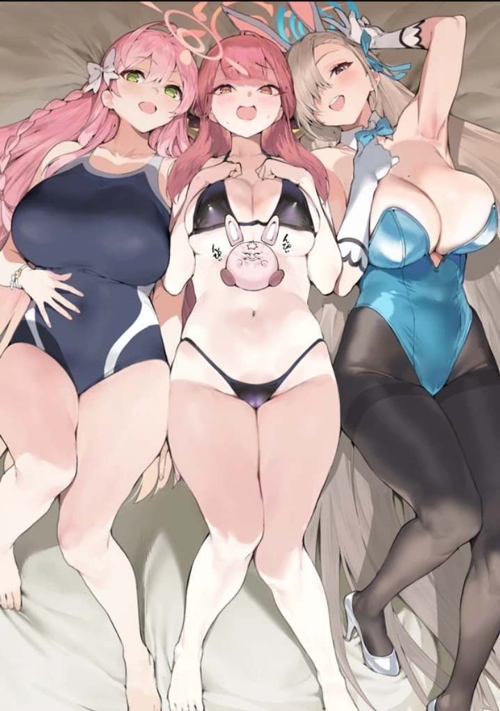 3girls, aru (blue archive), asuna (blue archive), asuna (bunny) (blue archive), bed, bedsheets, belly button, bikini, black bikini, blonde hair, blue archive, blue eyes, blue halo, blue leotard, bow, breasts, cleaning & clearing (blue archive), clothed breasts, clothing, female, gehenna academy student, gloves, green eyes, hanako (blue archive), hourglass figure, huge breasts, iku (ikuchan kaoru), large breasts, leotard, looking at viewer, make-up work club (blue archive), millennium science school student, mole on breast, multiple females, multiple girls, nipple bulge, one-piece swimsuit, pantyhose, pink hair, pink halo, problem solver 68 (blue archive), red hair, tagme (artist), trinity general school student, white gloves, yellow eyes, young