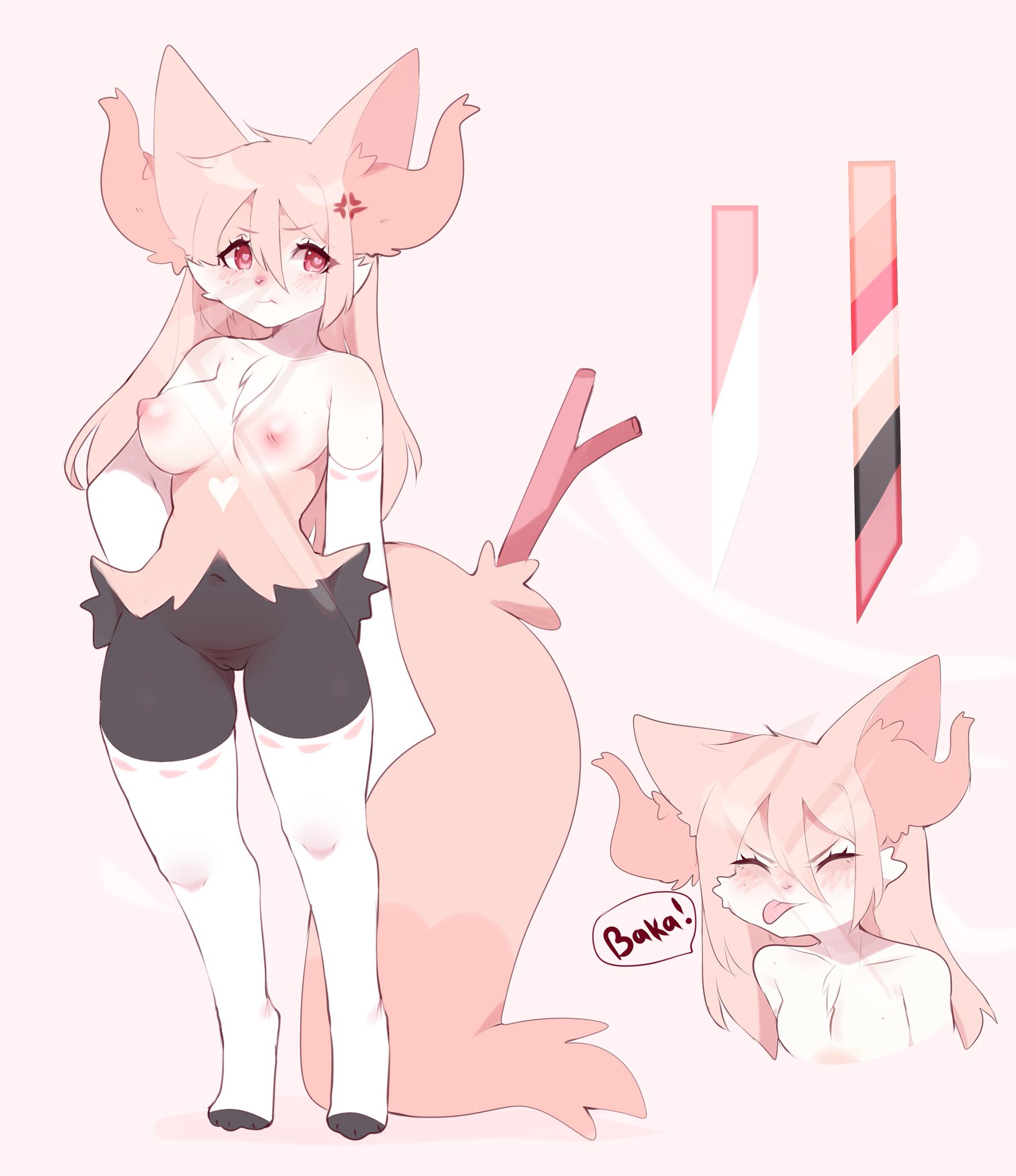 anger vein, anthro, blushing, braixen, breasts, embarrassed, embarrassed nude female, exposed breasts, exposed pussy, female, fredek666, furry, furry only, heart marking, heart-shaped pupils, nude, nude female, pokemon, pokemon (species), pussy, stick, sticking out tongue, tail, teasing viewer, thick thighs, tsundere