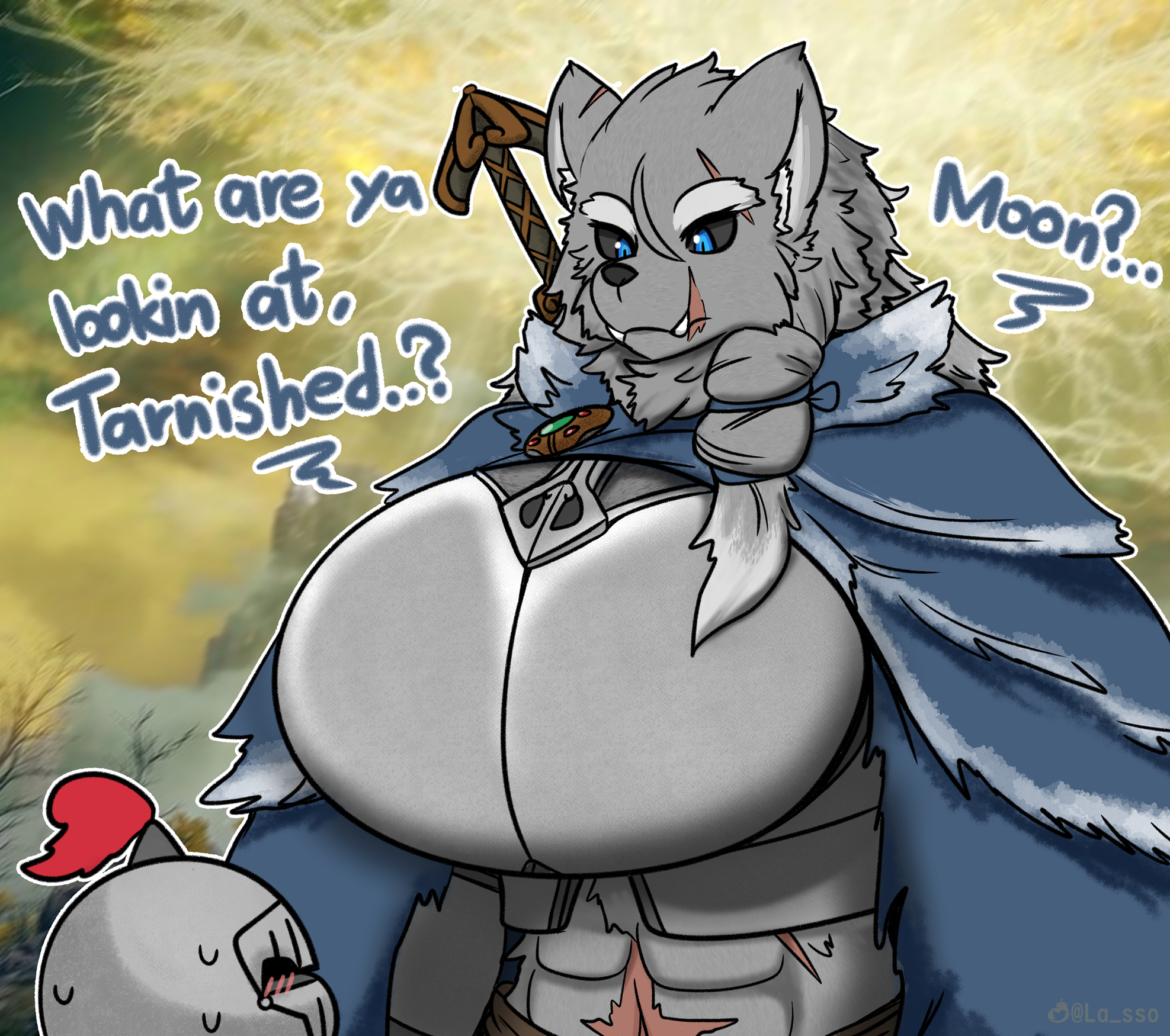 1girls, 2022, anthro, big breasts, blaidd (elden ring), breasts, elden ring, english text, erdtree, female, female focus, fromsoftware, furry, genderswap, huge breasts, larger female, rule 63, tagme, tarnished, text