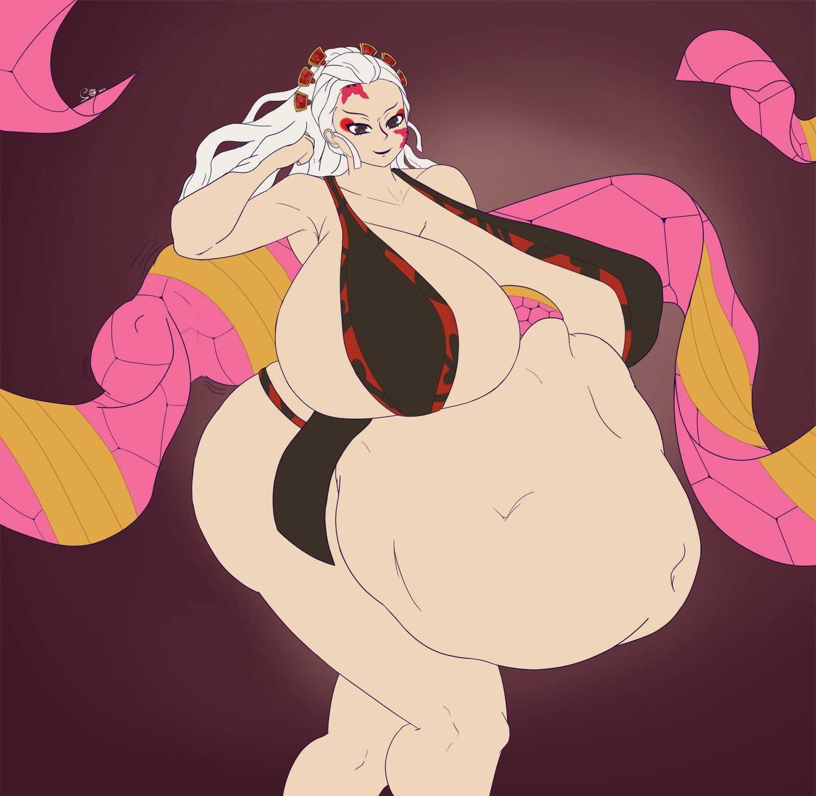 1girls, after vore, ass, big ass, big belly, big breasts, bikini, breasts, breasts bigger than head, brown eyes, daki (kimetsu no yaiba), demon, demon girl, demon slayer, female, hair ornament, huge breasts, implied vore, kimetsu no yaiba, large breasts, long hair, milf, navel, obi, object vore, post-vore, saturniablue, solo, stomach bulge, tattoo, thick, thick thighs, unknown character, vore, white hair, wide hips