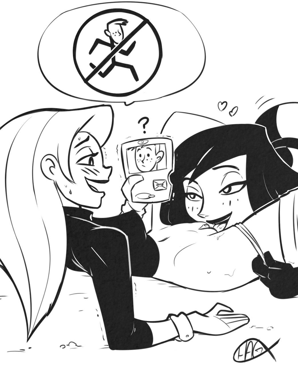 ? black_and_white blush cunnilingus disney disney_channel hagfish kim_possible kimberly_ann_possible monochrome mutual_cheating panties_down pussy pussy_licking ron_stoppable shego wide_hips yuri