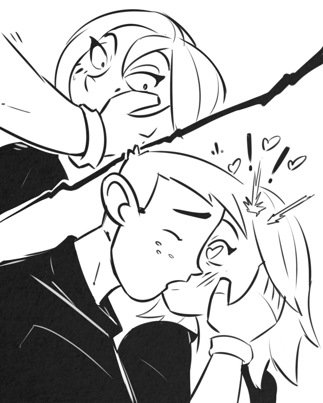 black and white, bonnie rockwaller, disney, disney channel, female, hagfish, heart-shaped pupils, kim possible, kissing, monochrome, ron stoppable