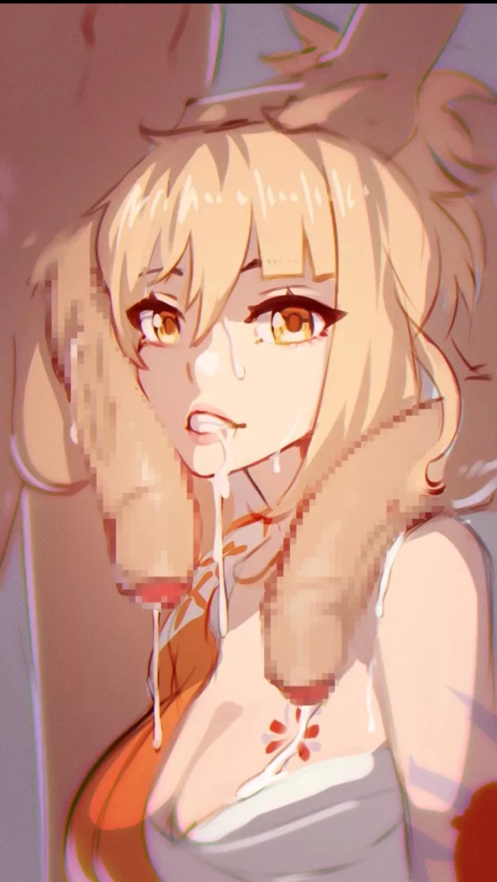 2boys, bandages, blonde hair, breast tattoo, breasts, cum in mouth, cum on face, female, foreskin, genshin impact, male, orange eyes, penis, tattoo, uncircumcised, yoimiya (genshin impact)
