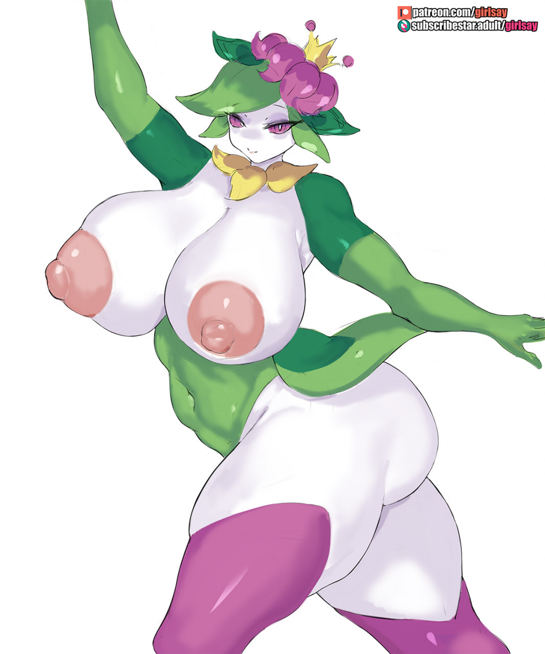 2022, areola, areolae, ass, belly button, big breasts, breasts, eyebrows visible through hair, eyelashes, female, female only, generation 5 pokemon, girlsay, green body, green hair, hisuian lilligant, lilligant, multicolored body, naked, nintendo, nipples, no sclera, nude, nude female, patreon, patreon logo, patreon username, pokémon (species), pokemon, pokemon (species), pokemon legends: arceus, purple eyes, purple hair, purple sclera, regional form (pokemon), solo, solo female, thick thighs, thighs, tiara, white background, white body, white pupils