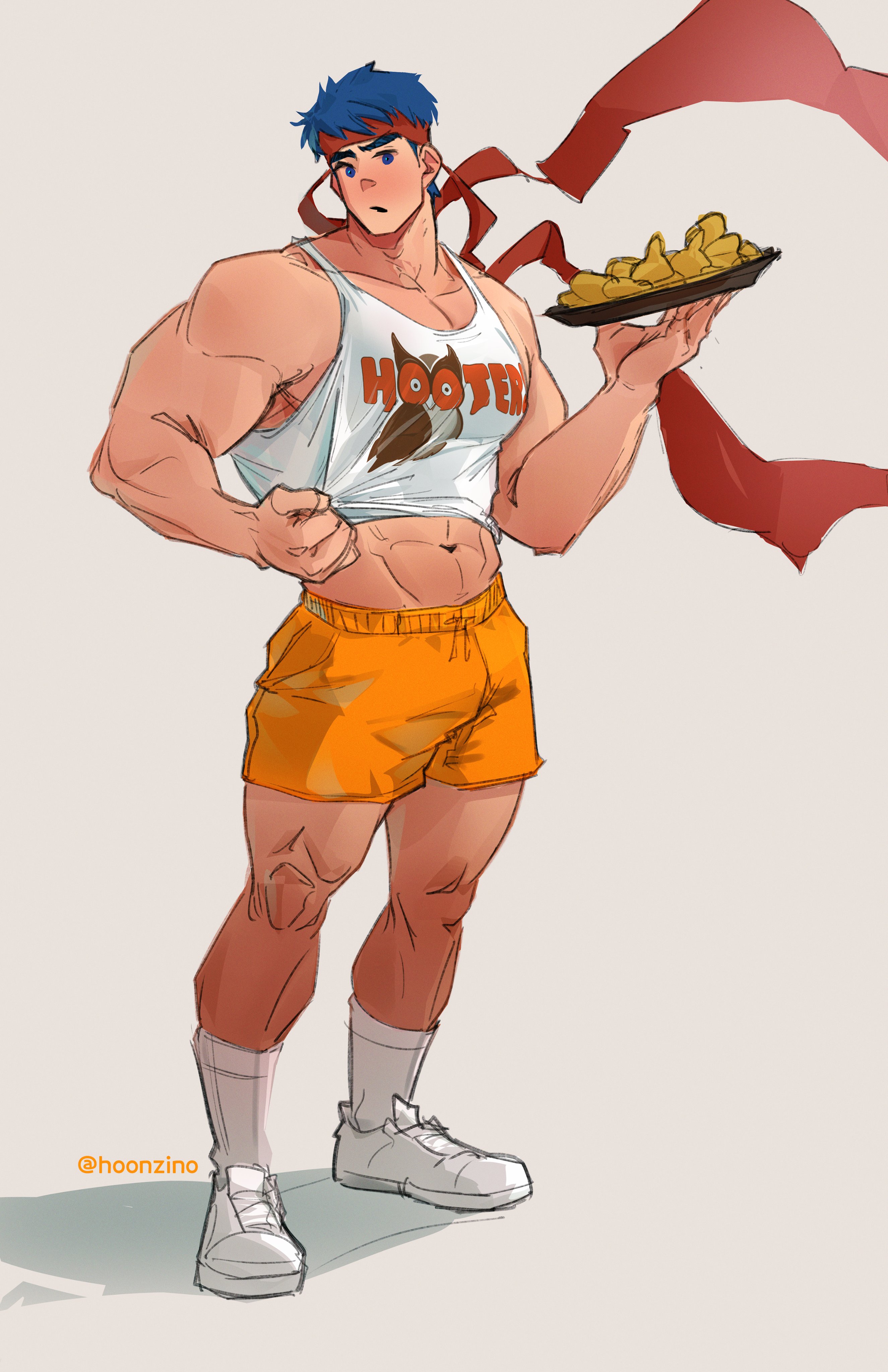 1boy, abs, absurdres, alternate costume, bara, blue eyes, bulge, clothes lift, fire emblem, fire emblem: radiant dawn, full body, head tilt, headband, highres, holding, holding tray, hoonzino, hooters, ike (fire emblem), large pectorals, looking at viewer, male, male focus, male only, muscular, muscular male, navel, nintendo, open mouth, orange shorts, pectorals, pinching gesture, shirt, shirt lift, shoes, short hair, shorts, sneakers, solo, stomach, tank top, thick arms, thick thighs, thighs, tray, white background, white footwear, white legwear, white shirt, yaoi