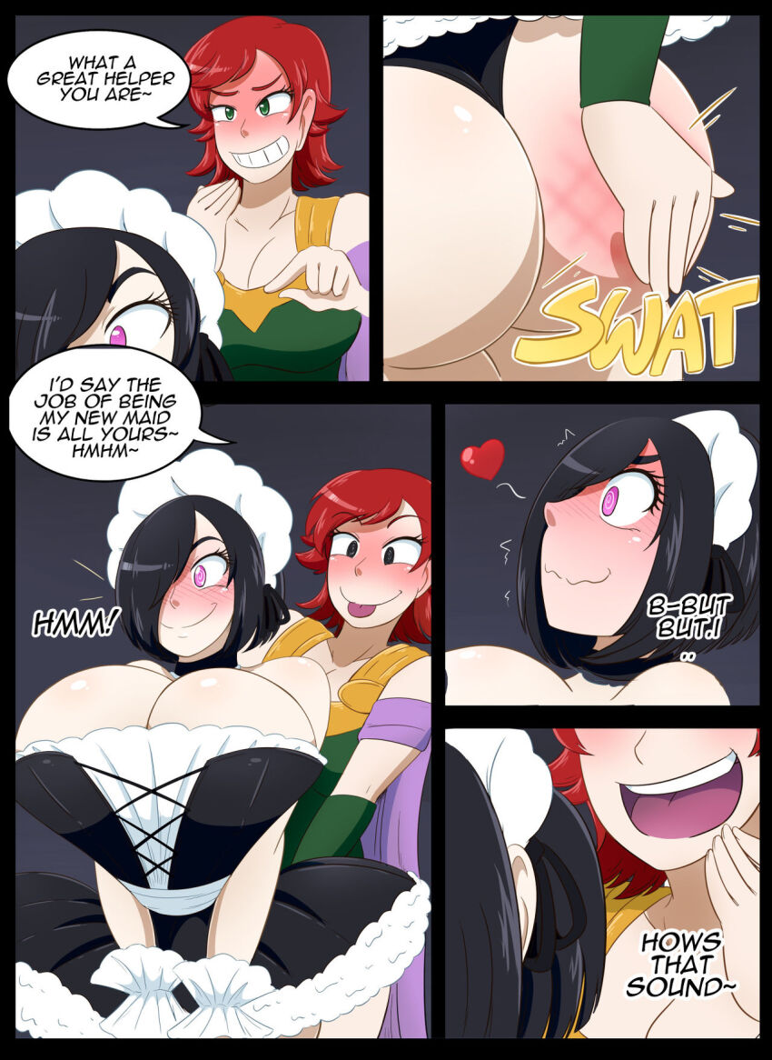 2girls ass_slap black_hair black_thong blush brainwashing breasts cleavage comic femdom femsub green_eyes hair_over_one_eye hi_res hypnosis kobi-tfs large_ass large_breasts maid multiple_girls personality_change red_hair short_skirt spell text thick_thighs thong