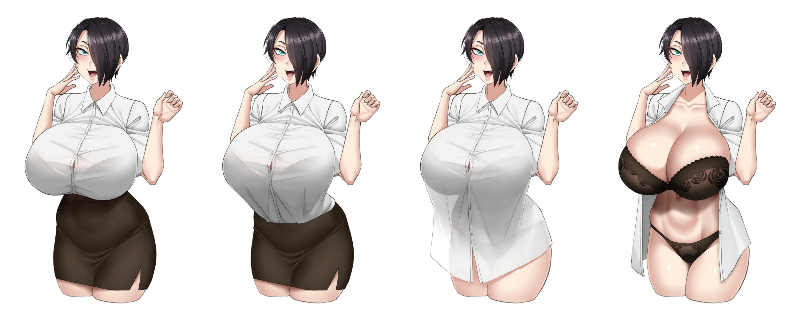 1girls, bangs, black hair, blue eyes, blush, bra, breasts, cleavage, curtain call challenge, female, female only, form fitting, hair over one eye, hand on own face, hand up, highres, huge breasts, impossible clothes, lace, lace trim, lace-trimmed bra, lace-trimmed panties, navel, open mouth, original, original character, panties, pencil skirt, saya (twrlare), shirt, short hair, solo, thighs, tight, tight shirt, twrlare