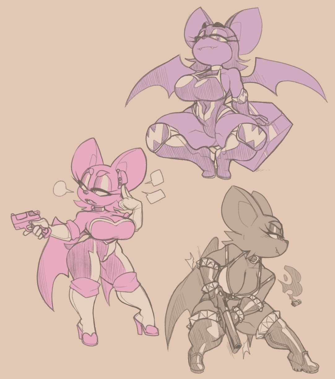 anthro bat bra breasts cleavage clothed clothing furry grey gun jinti_(artist) pink purple rouge_the_bat shoes shorts shotgun sonic_(series) tits weapon wings