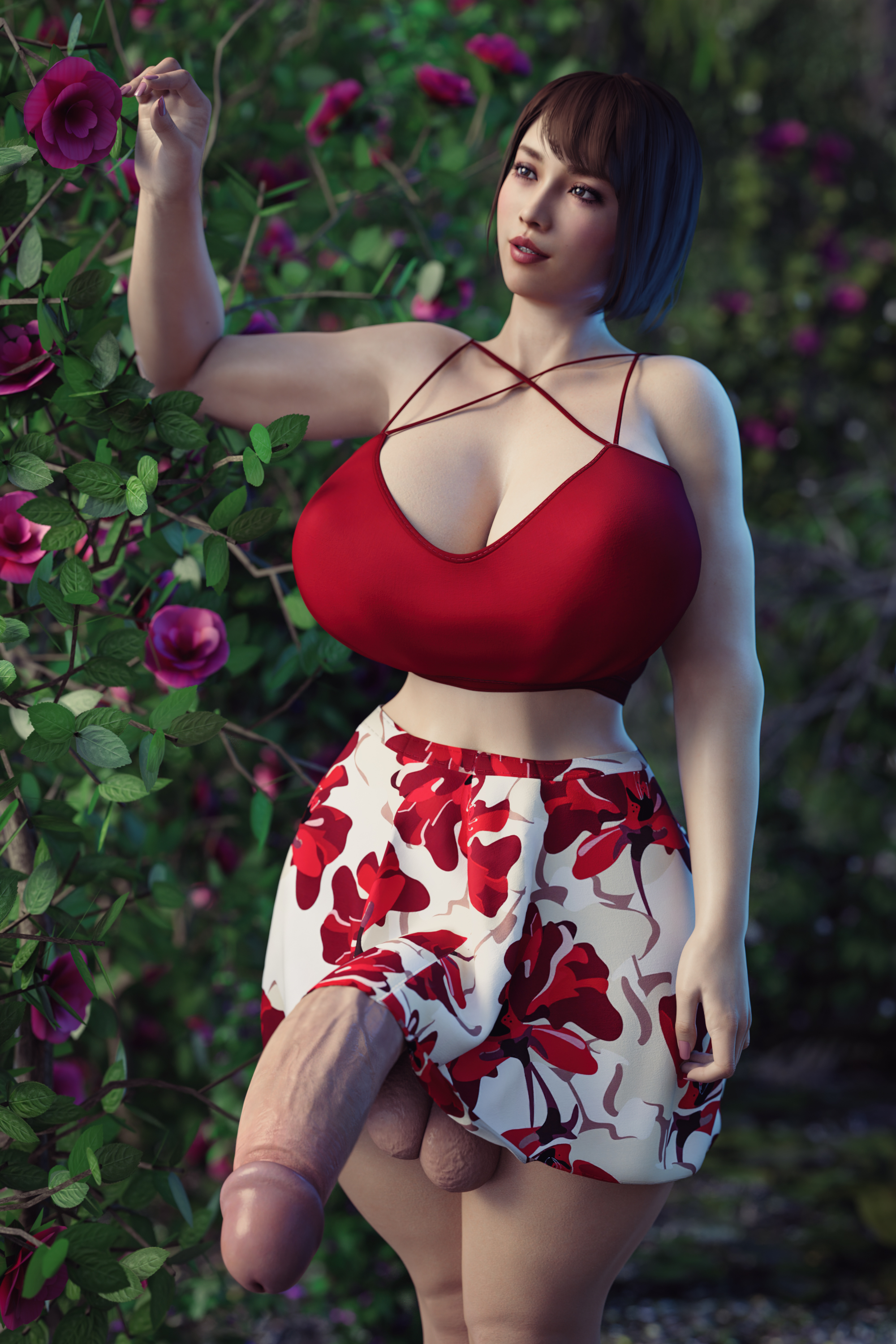 1futa, 3d, balls, balls out, balls under clothes, breasts, brown eyes, casual exposure, casual nudity, clothing, flowers, futa only, futanari, huge breasts, huge cock, ineffective clothing, ineffective skirt, intersex, japanese, nail polish, penis, penis out, pink nails, ryuu ga gotoku, saeko mukouda, short hair, skirt, skirt lift, solo, stevencarson, thick thighs, uneven balls, veins, veiny penis, wide hips
