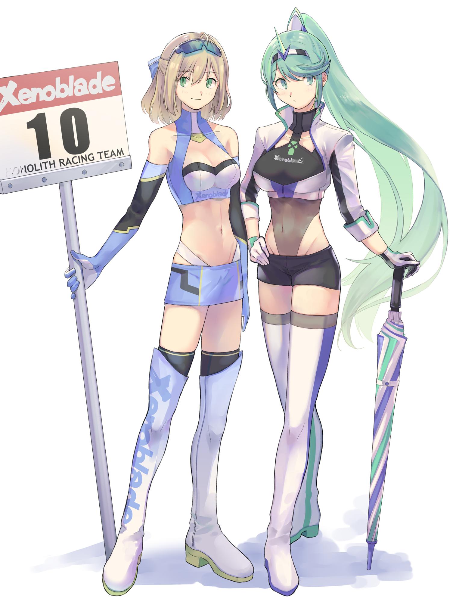 2girls blonde_hair blue_gloves blue_skirt boots breasts core_crystal covered_navel crop_top cropped_jacket elbow_gloves fiora_(xenoblade) fujie-yz gloves green_eyes green_hair headwear high_ponytail highleg_leotard highleg_panties large_breasts leotard leotard_under_clothes looking_at_viewer medium_breasts midriff navel nintendo pneuma_(xenoblade) ponytail race_queen short_hair shorts sign skirt sunglasses sunglasses_on_head thighhigh_boots umbrella white_gloves white_shorts xenoblade_(series) xenoblade_chronicles xenoblade_chronicles_2