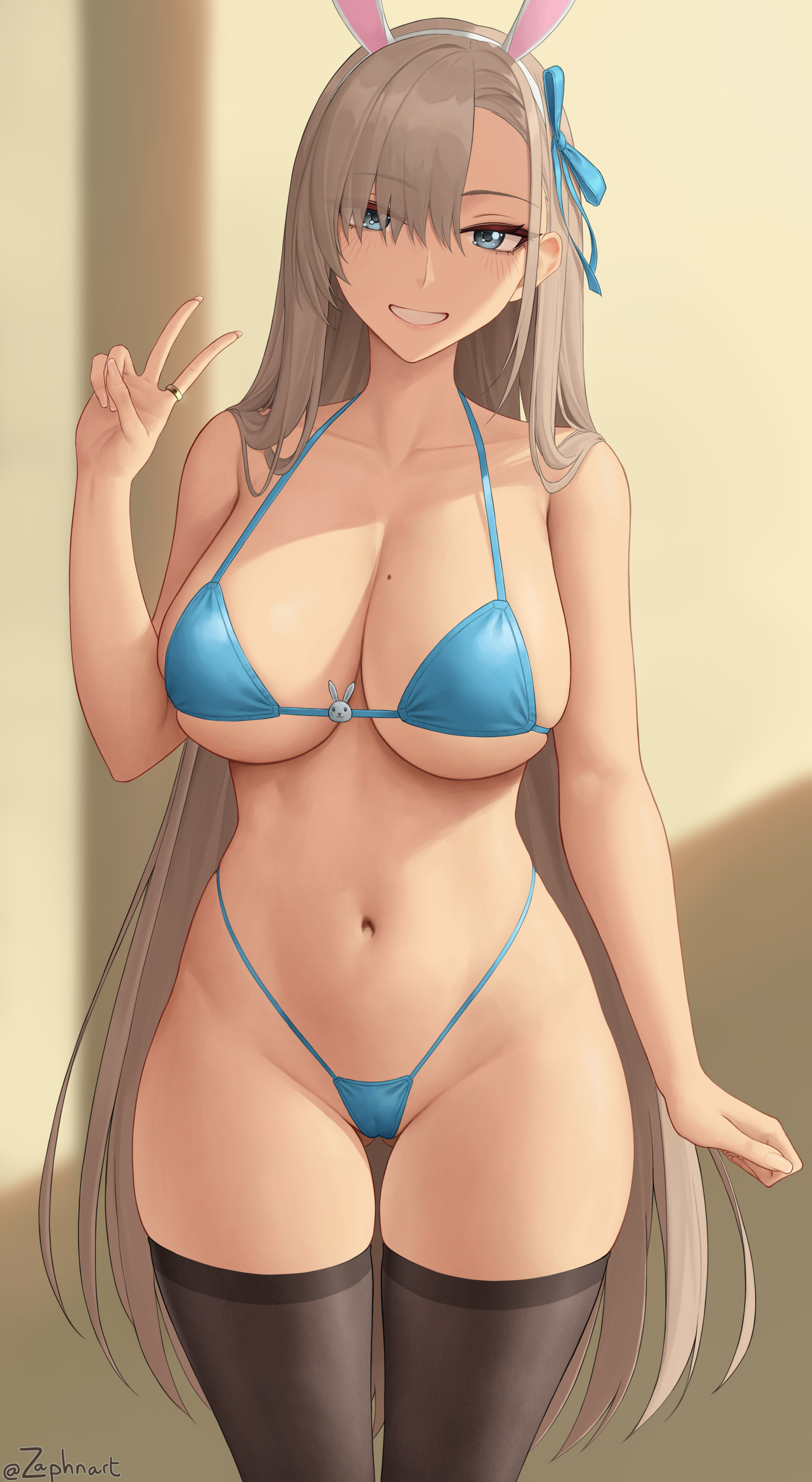 1girls, 2022, ass visible through thighs, asuna (blue archive), asuna (bunny) (blue archive), beauty mark, bikini, blonde hair, blue archive, blue bikini, blue eyes, breasts, bunny ears, bunny girl, clothed, female, female only, hair over one eye, hips, light blush, long hair, looking at viewer, millennium science school student, mole on breast, non-nude, peace sign, ribbon, ribbon in hair, skindentation, slim waist, smile, solo, thick thighs, thigh gap, thighhighs, thighs, very long hair, wide hips, zaphn