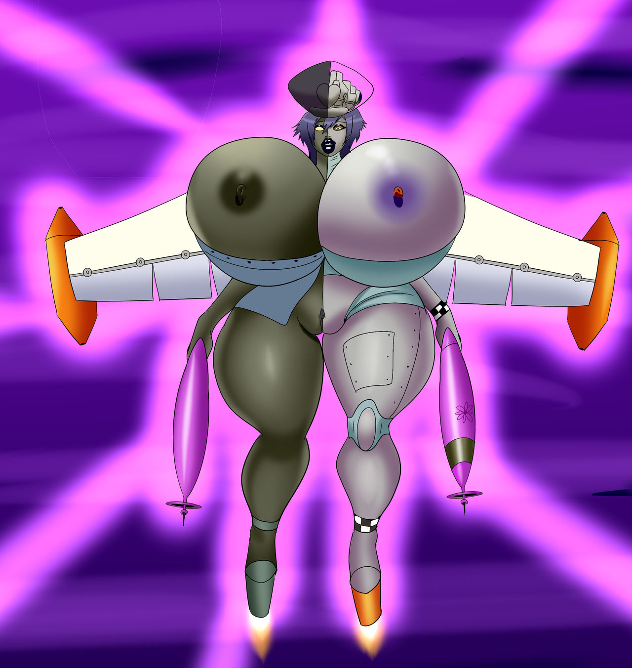 annon bimbo blue_hair blue_lipstick hat huge_breasts hyper hyper_breasts monster_girl multicolored_body nipples nude persona persona_(species) persona_4 pussy robot_humanoid shadow_naoto shirogane_naoto thick_lips transformation venus_body