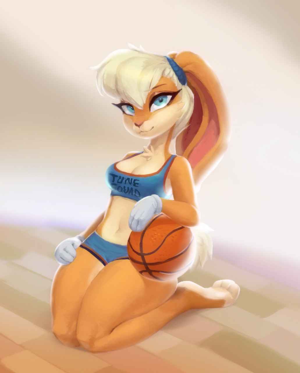 2021 3_toes anthro anthro_only basketball belly_button black_pupils blue_eyes blue_hairband blue_iris breast brown_body brown_eyeshadow cleavage clothed cyan_eyes eyebrows eyebrows_visible_through_hair eyelashes female female_only gloves hair hairband kneeling lagomorph lagomorph_humanoid lola_bunny looking_at_viewer looney_tunes mammal mammal_humanoid neck_tuft ponytail rabbit rabbit_humanoid small_breasts solo solo_female space_jam space_jam:_a_new_legacy sports_bra sportswear tagme tan_body tuft waspsalad white_gloves white_hair white_sclera