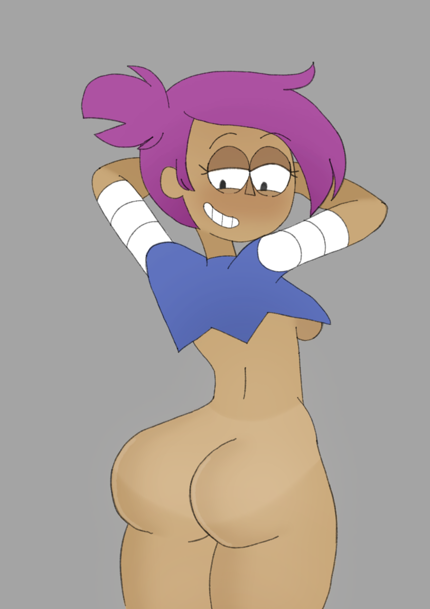 1girls artist_request ass big_ass bottomless breasts cartoon_network clothing enid female female_only grey_background half-closed_eyes looking_back looking_down ok_k.o.!_let's_be_heroes ponytail purple_hair simple_background small_breasts smile solo standing thick_thighs topwear wide_hips