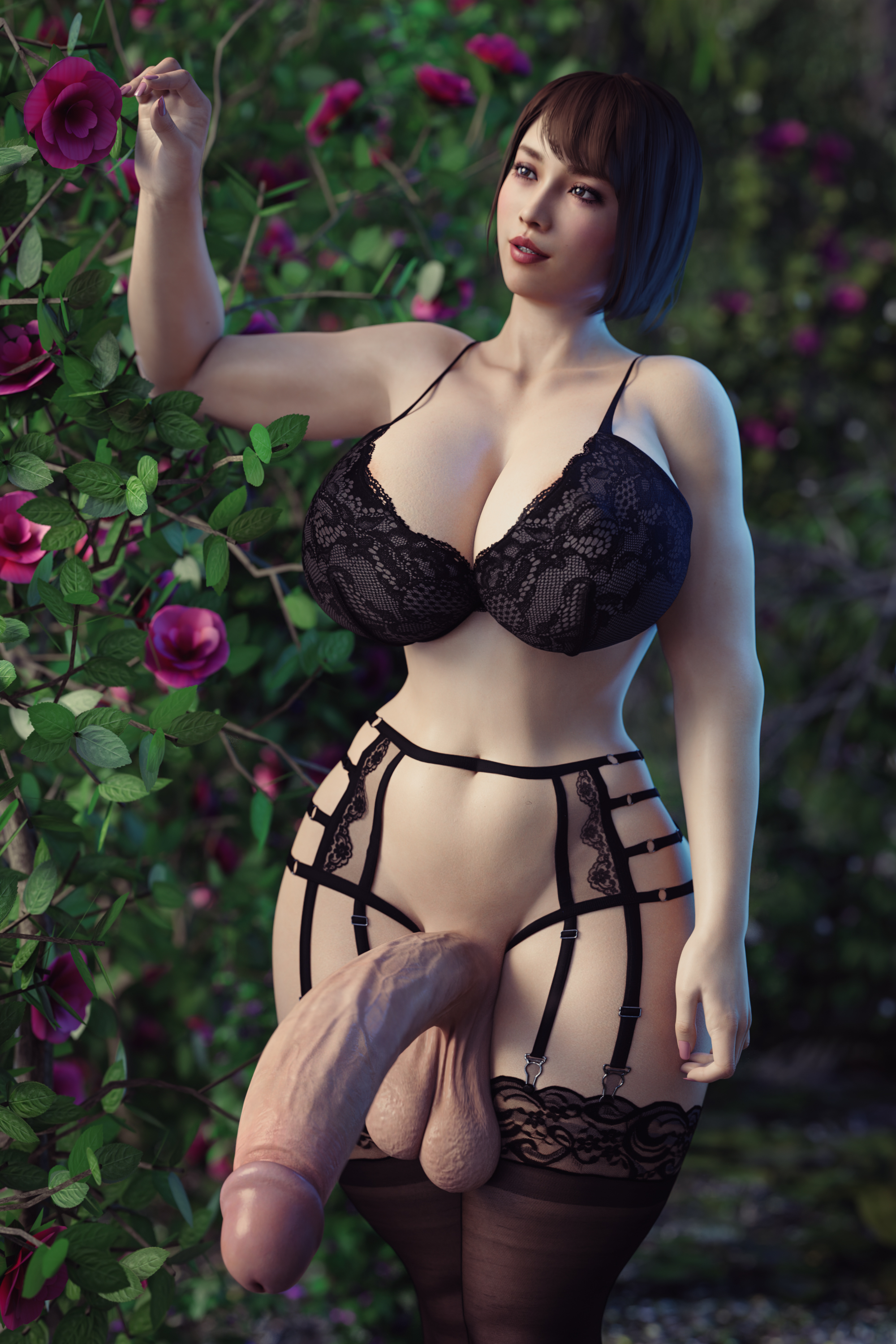 1futa, 3d, balls, breasts, brown eyes, casual exposure, casual nudity, flowers, futa only, futanari, huge breasts, huge cock, intersex, japanese, lingerie, mostly nude, penis, ryuu ga gotoku, saeko mukouda, short hair, solo, stevencarson, stomach, thick thighs, veins, veiny penis, wide hips