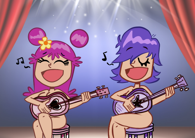 2girls acoustic_guitar ami_onuki cartoon_network casual closed_eyes cndhpr color color_edit colored convenient_coverage curtains_open edit edited female female_only firealpaca flower_in_hair guitar hi_hi_puffy_amiyumi human light-skinned_female musical_instrument musical_note nude_female open_mouth pale_skin pink_hair playing_instrument public purple_hair sb99 scobionicle99 singing sitting sitting_on_chair stage yumi_yoshimura