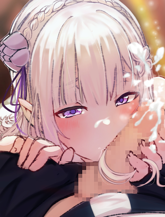 1boy 1boy1girl barto blush blushing_at_viewer braid censored censored_penis clothes_pull cum cum_on_face cum_on_nose cum_on_penis cum_overflow cumming cumshot ejaculating_cum ejaculation elf elf_ears elf_female elf_girl emilia_(re:zero) eyebrows_visible_through_hair female hair_around_penis hair_flower hair_ornament hairjob half-closed_eyes half_elf hand_on_another's_thigh hand_on_penis kissing kissing_penis licking licking_penis long_hair looking_at_viewer mosaic_censoring natsuki_subaru open_eyes pointless_censoring pointy_ears purple_eyes raised_eyebrows re:zero_kara_hajimeru_isekai_seikatsu saliva semen silver_hair teenage teenage_girl track_suit white_flower white_hair x_hair_ornament zerobarto