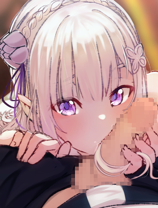 1boy 1girls barto blush braid censored censored_penis clothes_pull elf elf_ears elf_female elf_girl emilia_(re:zero) eyebrows_visible_through_hair female hair_around_penis hair_flower hair_ornament hairjob half_elf hand_on_another's_thigh hand_on_penis imminent_cumshot imminent_ejaculation imminent_fellatio imminent_oral kissing kissing_penis licking licking_penis long_hair looking_at_viewer mosaic_censoring natsuki_subaru open_eyes pointless_censoring pointy_ears purple_eyes raised_eyebrows re:zero_kara_hajimeru_isekai_seikatsu saliva silver_hair teenage teenage_girl track_suit white_flower white_hair x_hair_ornament zerobarto