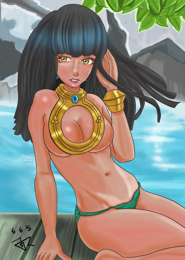 2015 7:10 alice_(zero_escape) big_breasts bikini bikini_bottom black_hair black_hair_female breasts dark-skinned_female dark_skin deviantart female freaky777 green_bikini_bottom long_black_hair long_hair_female neckwear neckwear_covering_breasts public_topless solo solo_female topless virtue's_last_reward yellow_eyes yellow_eyes_female zero_escape